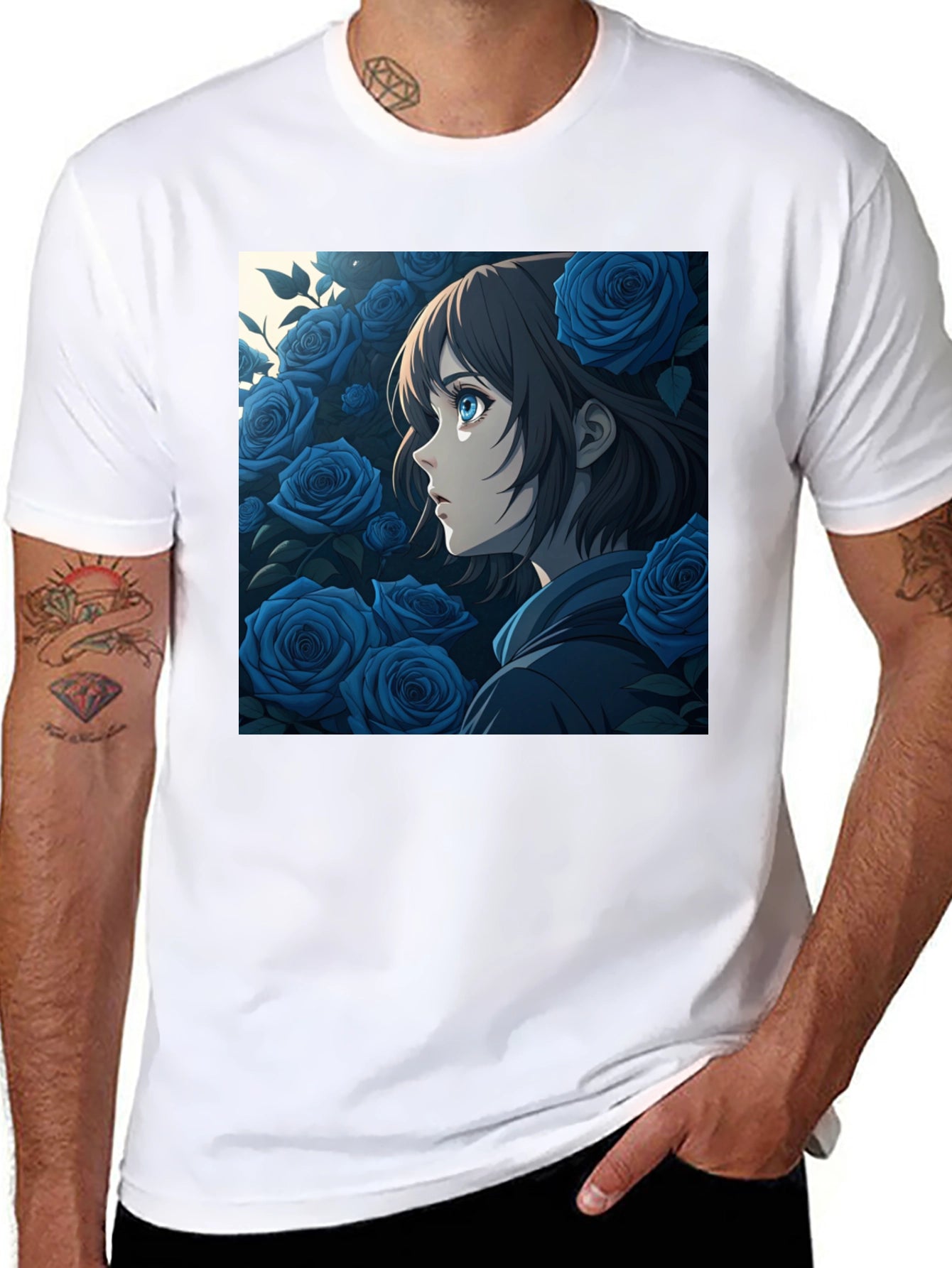 Anime Girl Blue Roses Graphic Black T-Shirt