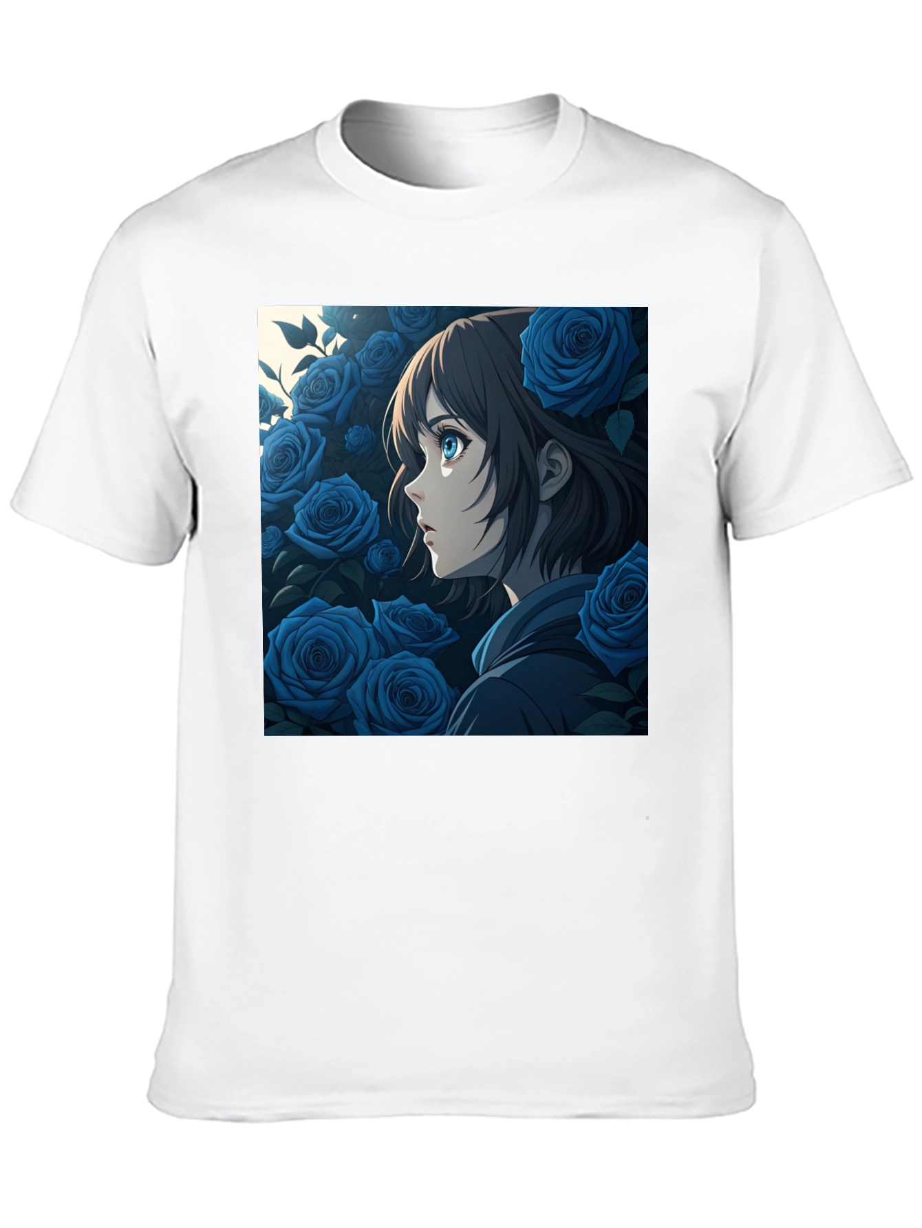 Anime Girl Blue Roses Graphic Black T-Shirt