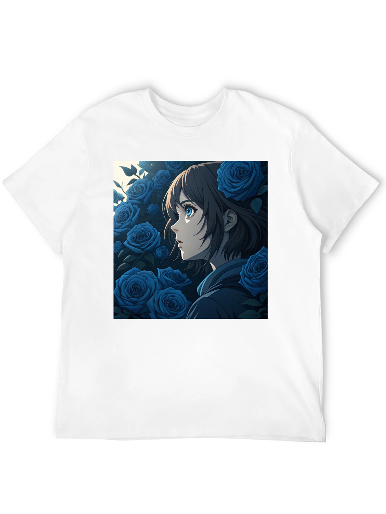 Anime Girl Blue Roses Graphic Black T-Shirt