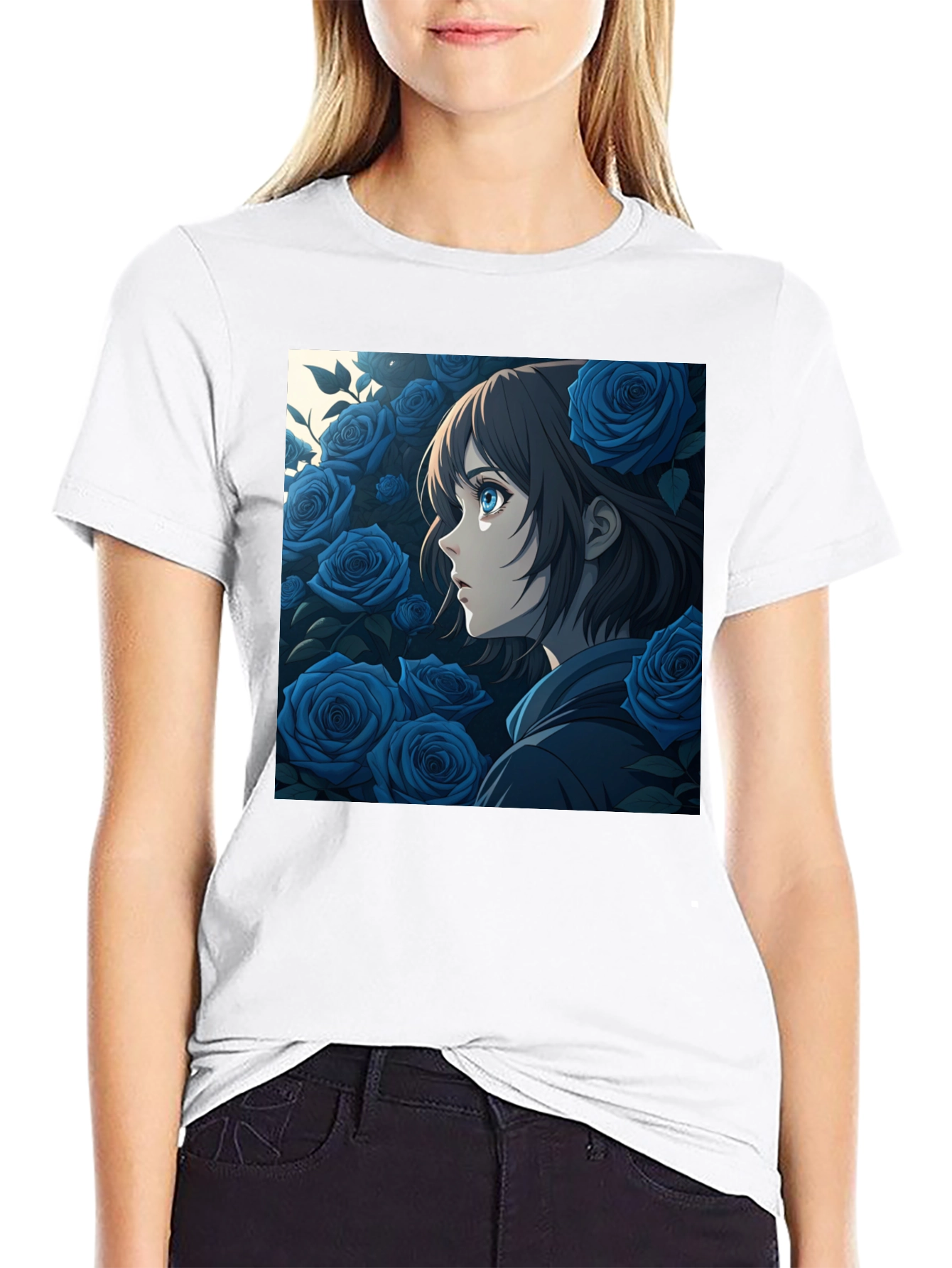 Anime Girl Blue Roses Graphic Black T-Shirt