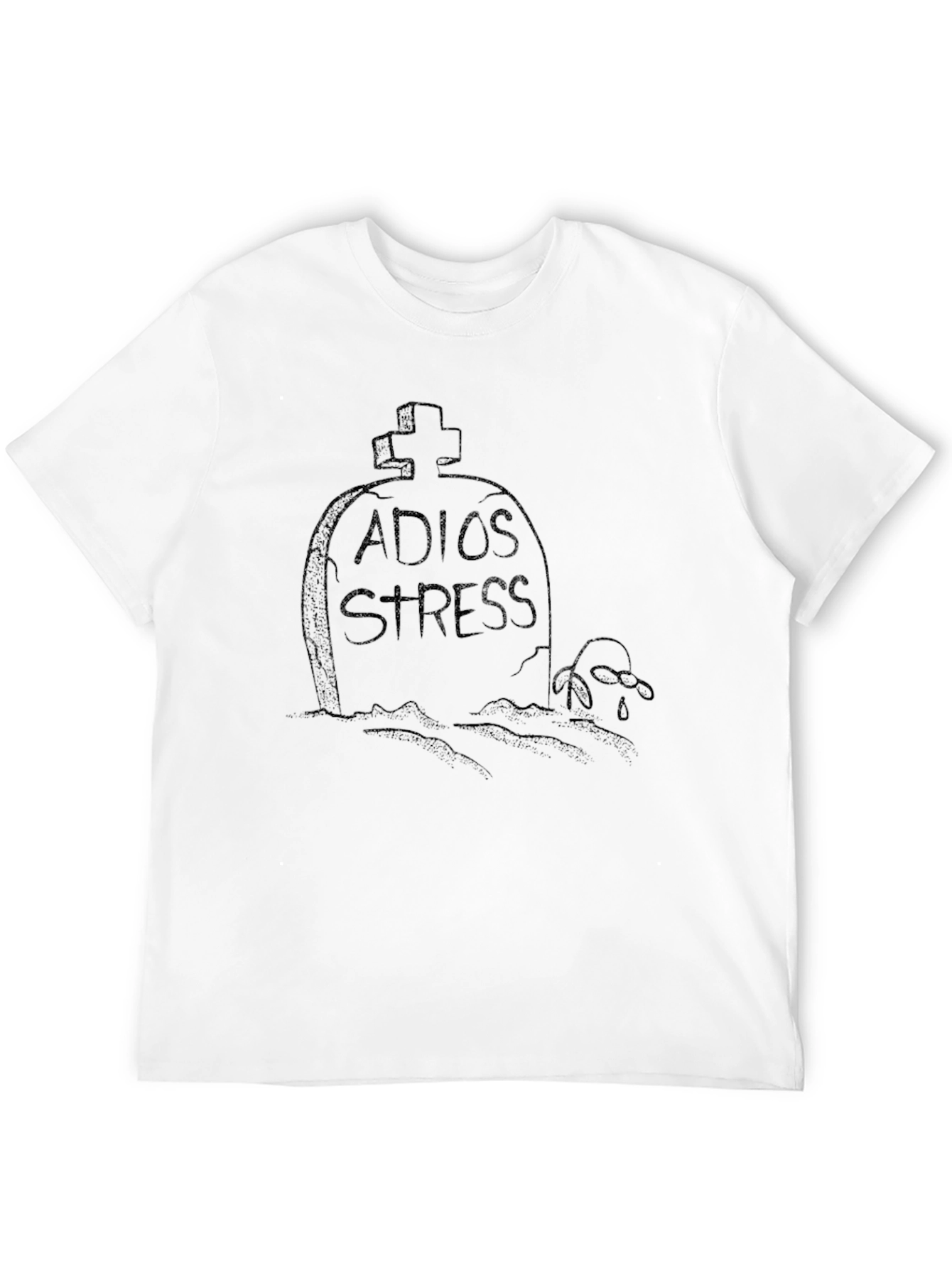 Adios Stress Black T-Shirt with Tombstone Design