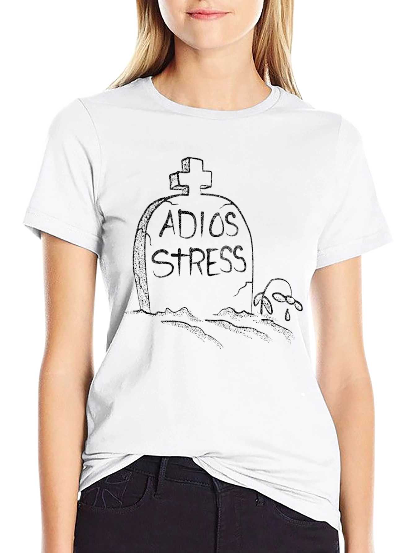 Adios Stress Black T-Shirt with Tombstone Design