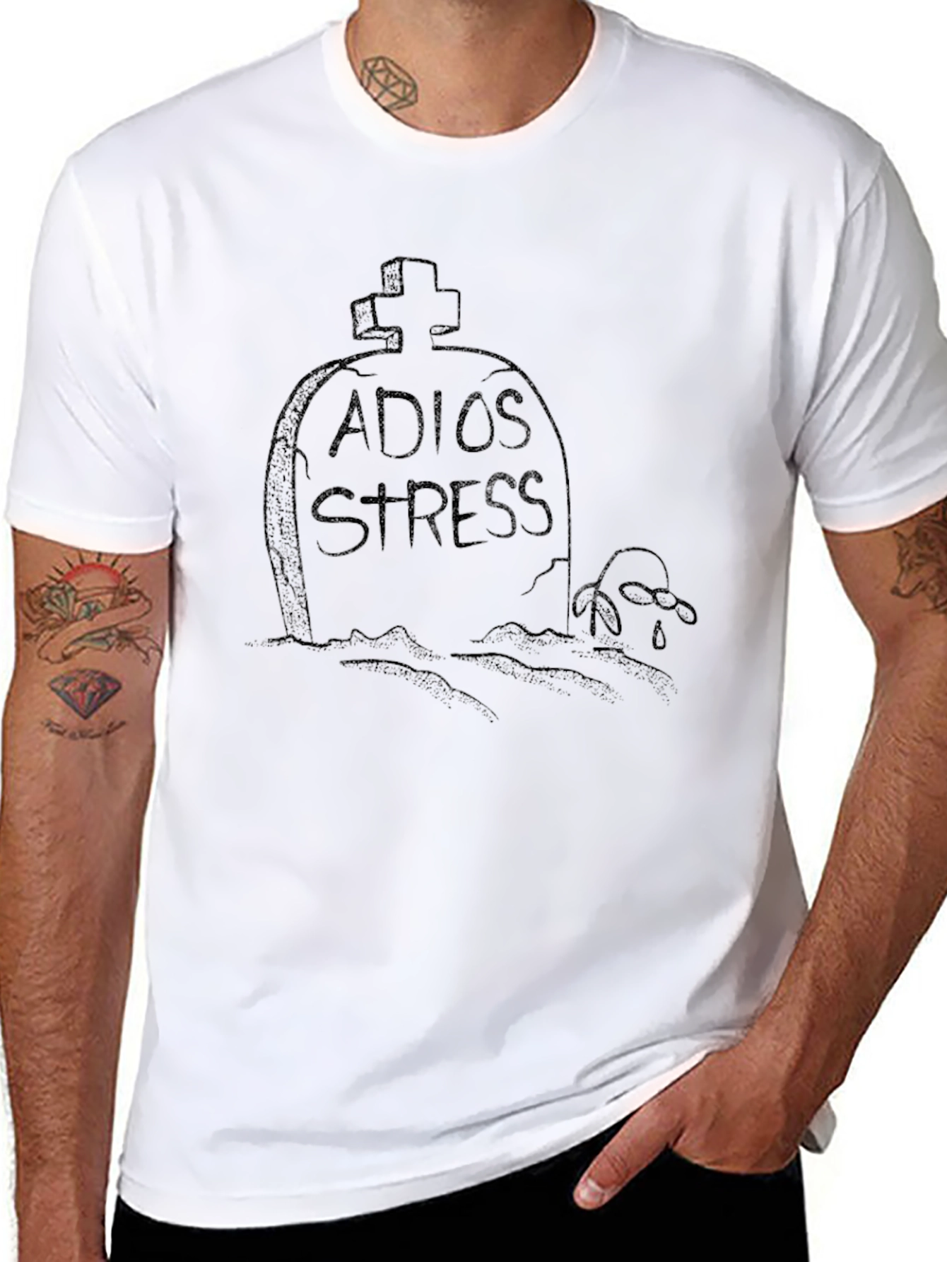 Adios Stress Black T-Shirt with Tombstone Design