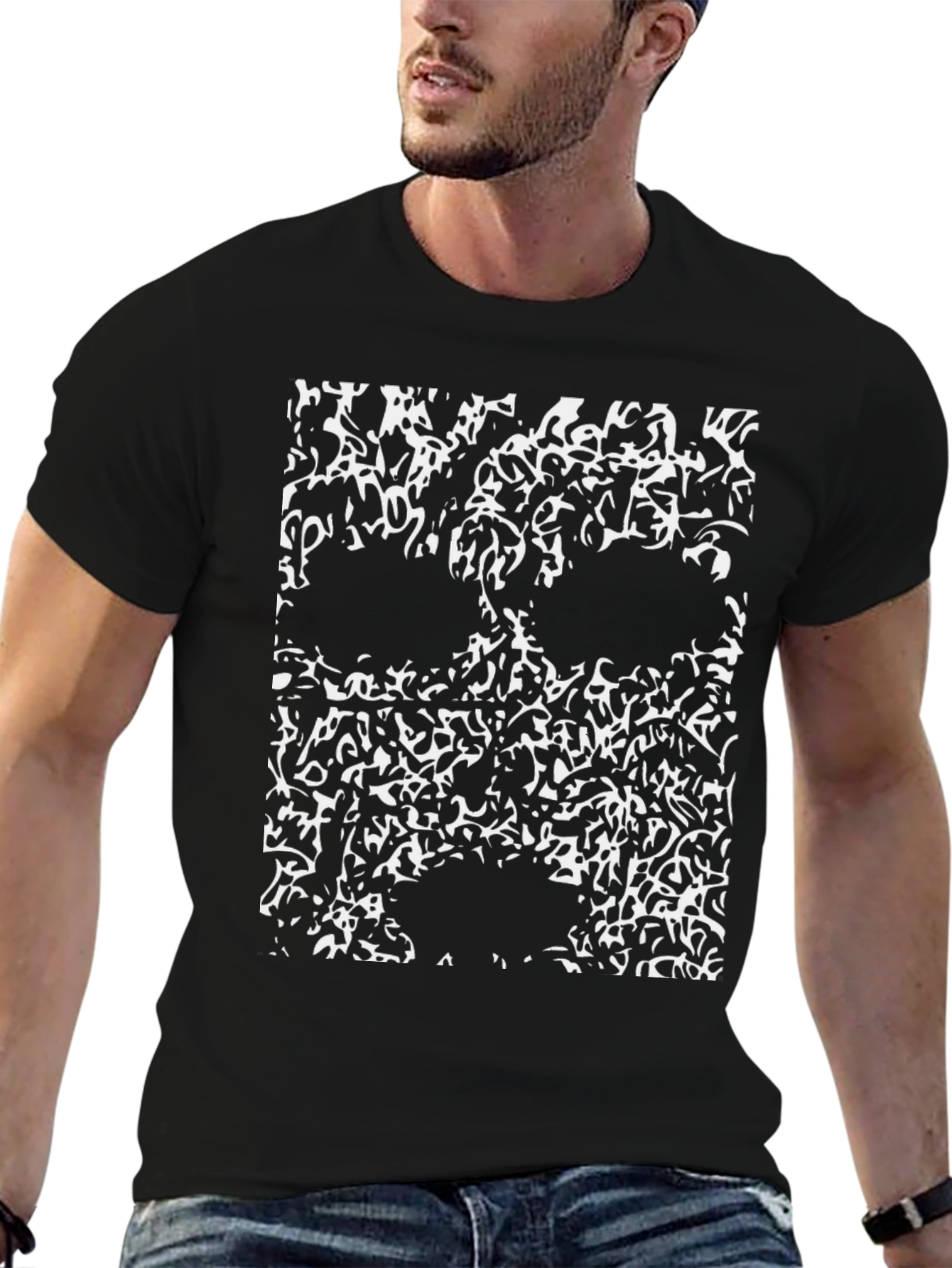 Abstract Skull Graphic T-Shirt - Black Cotton Tee