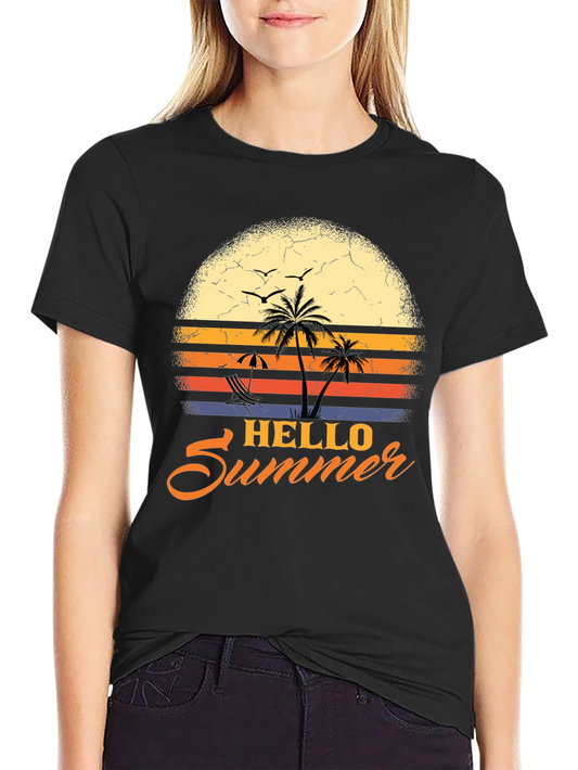 Hello Summer T-Shirt: Vintage Sunset Palm Design