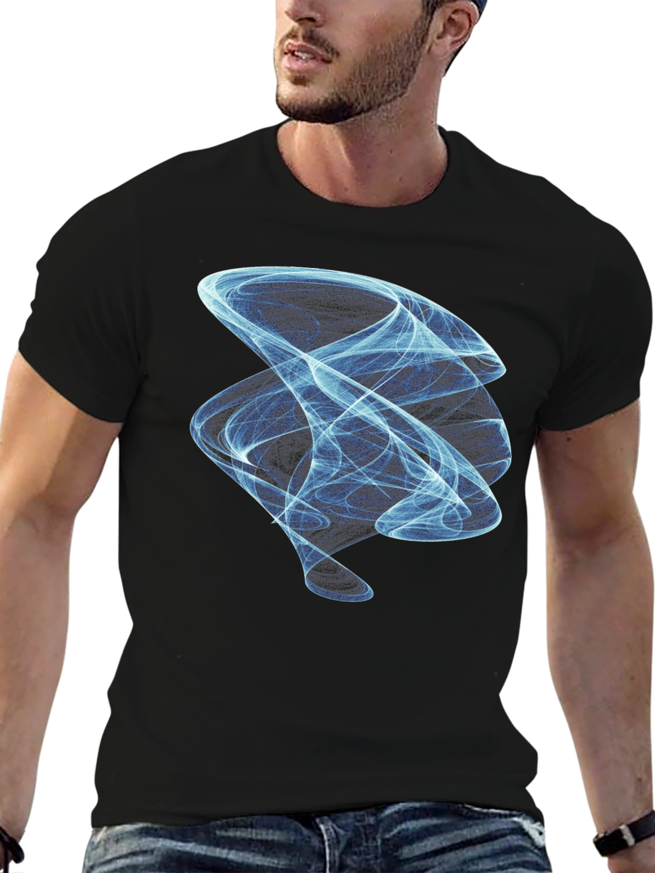 Abstract Blue Swirl Graphic Tee - Modern Black T-Shirt