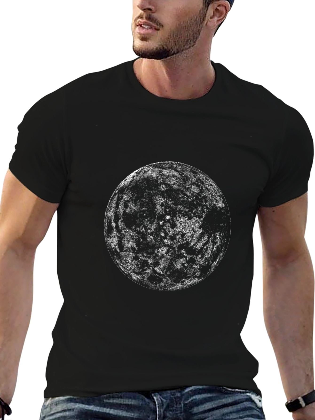 Abstract Moon Graphic Tee - Black Cotton Blend