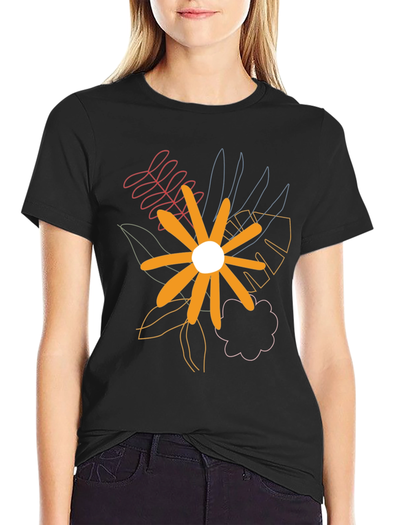 Abstract Floral Print Black T-Shirt