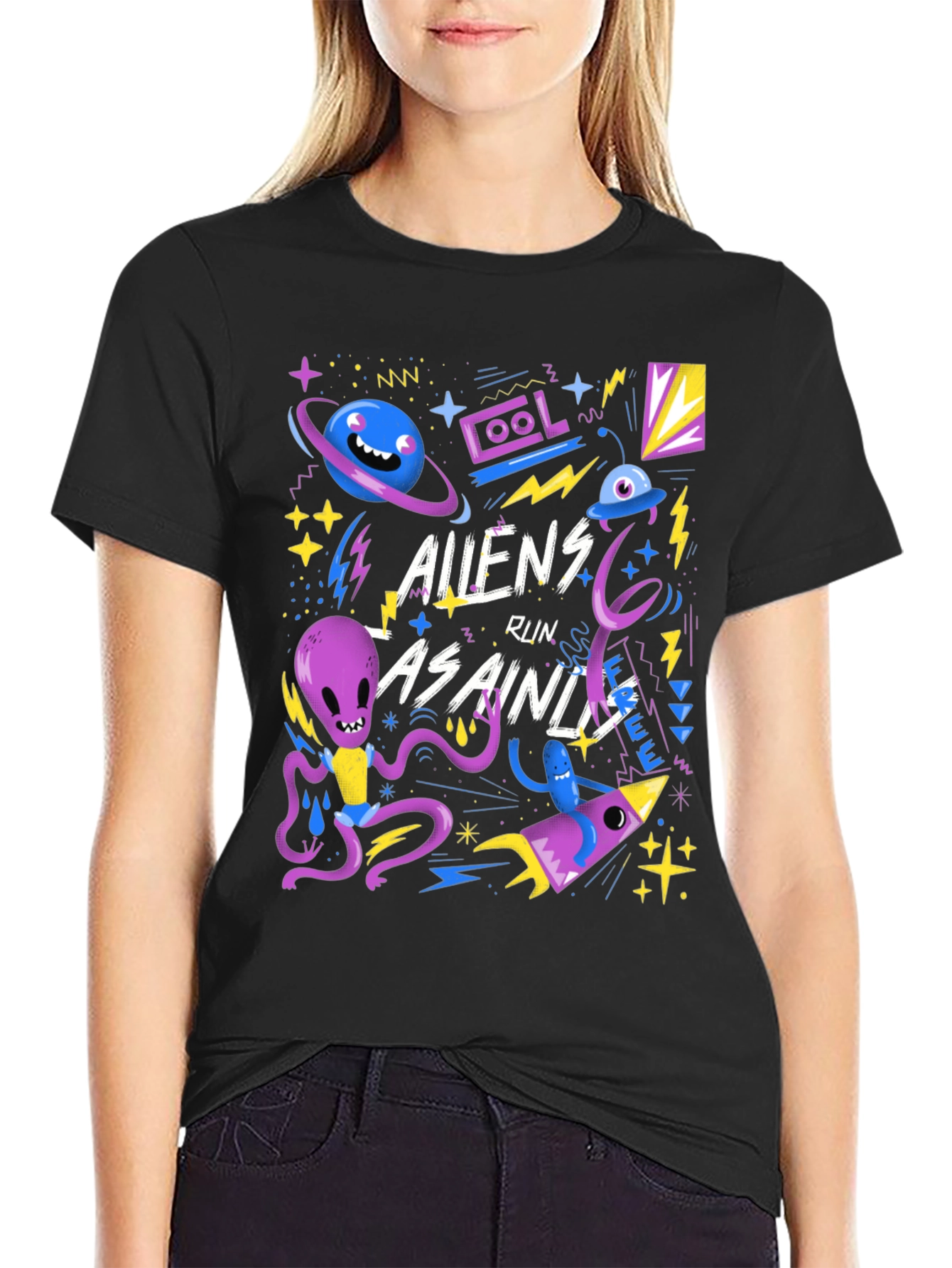 Aliens Run As Ainds Graphic Black T-Shirt