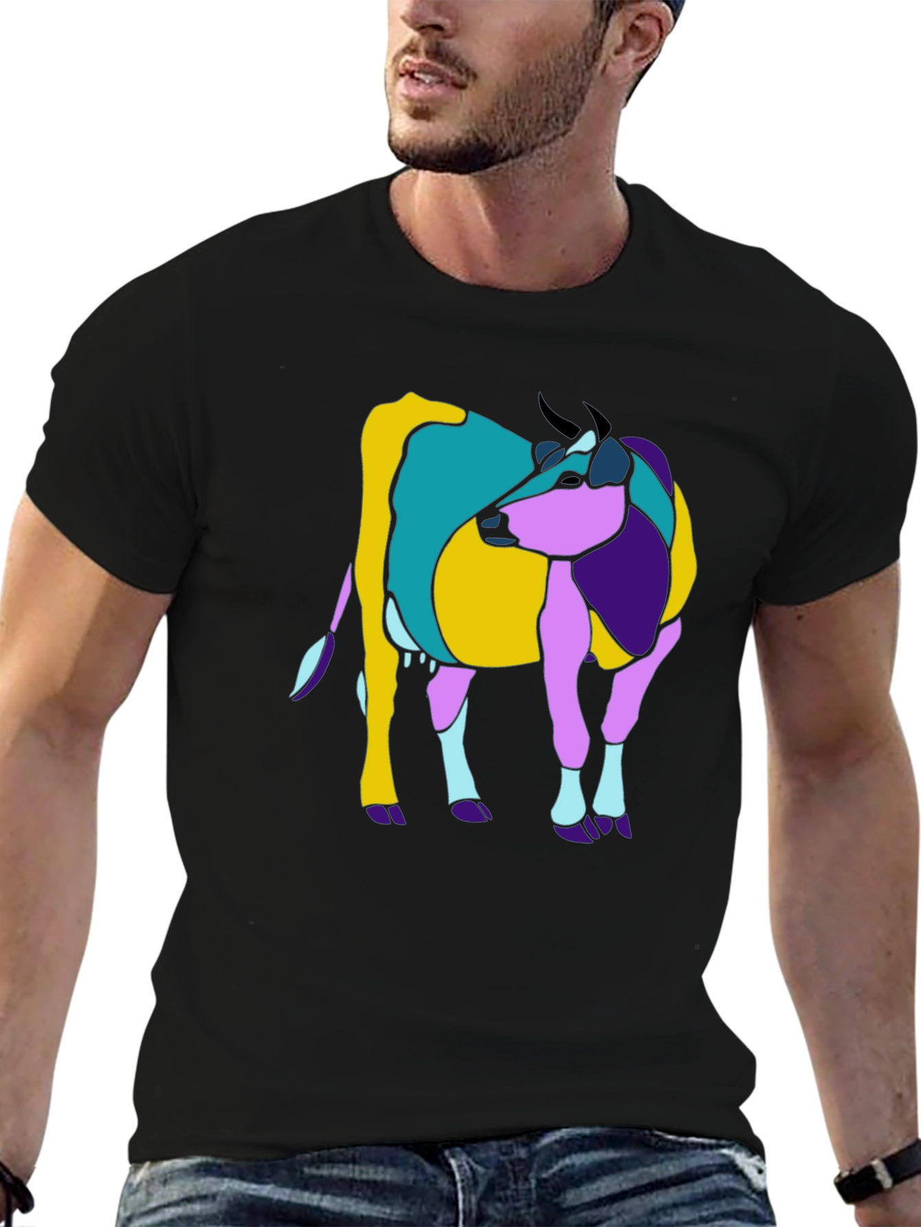 Abstract Cow Graphic Tee - Black Cotton Casual T-Shirt