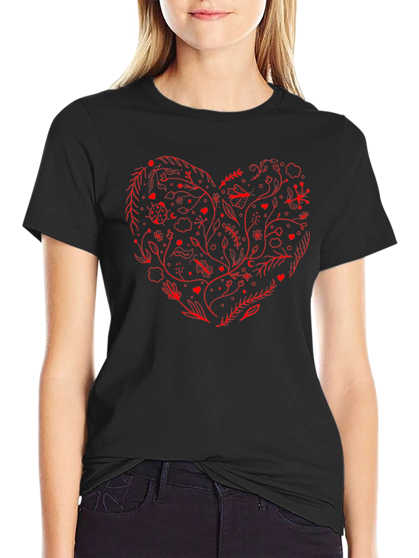 Heart Floral Graphic Tee - Black