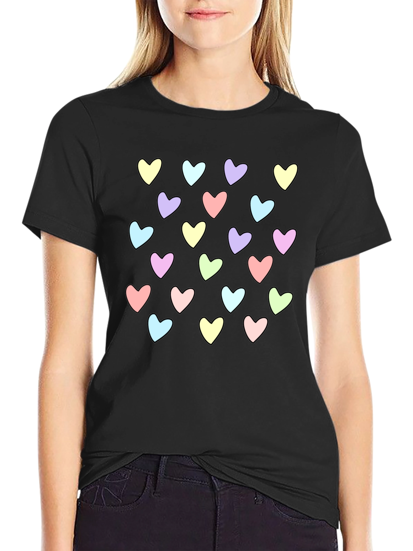 Heart Pattern Black T-Shirt