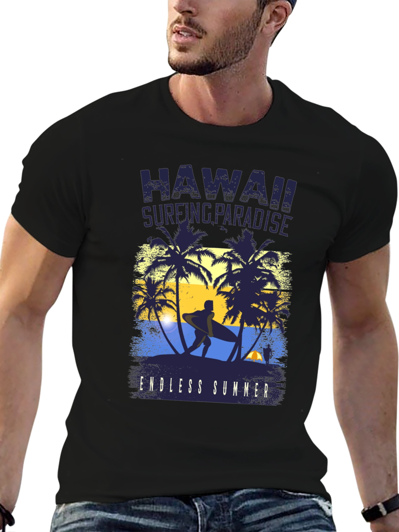 Hawaii Surfing Paradise Black Graphic Tee