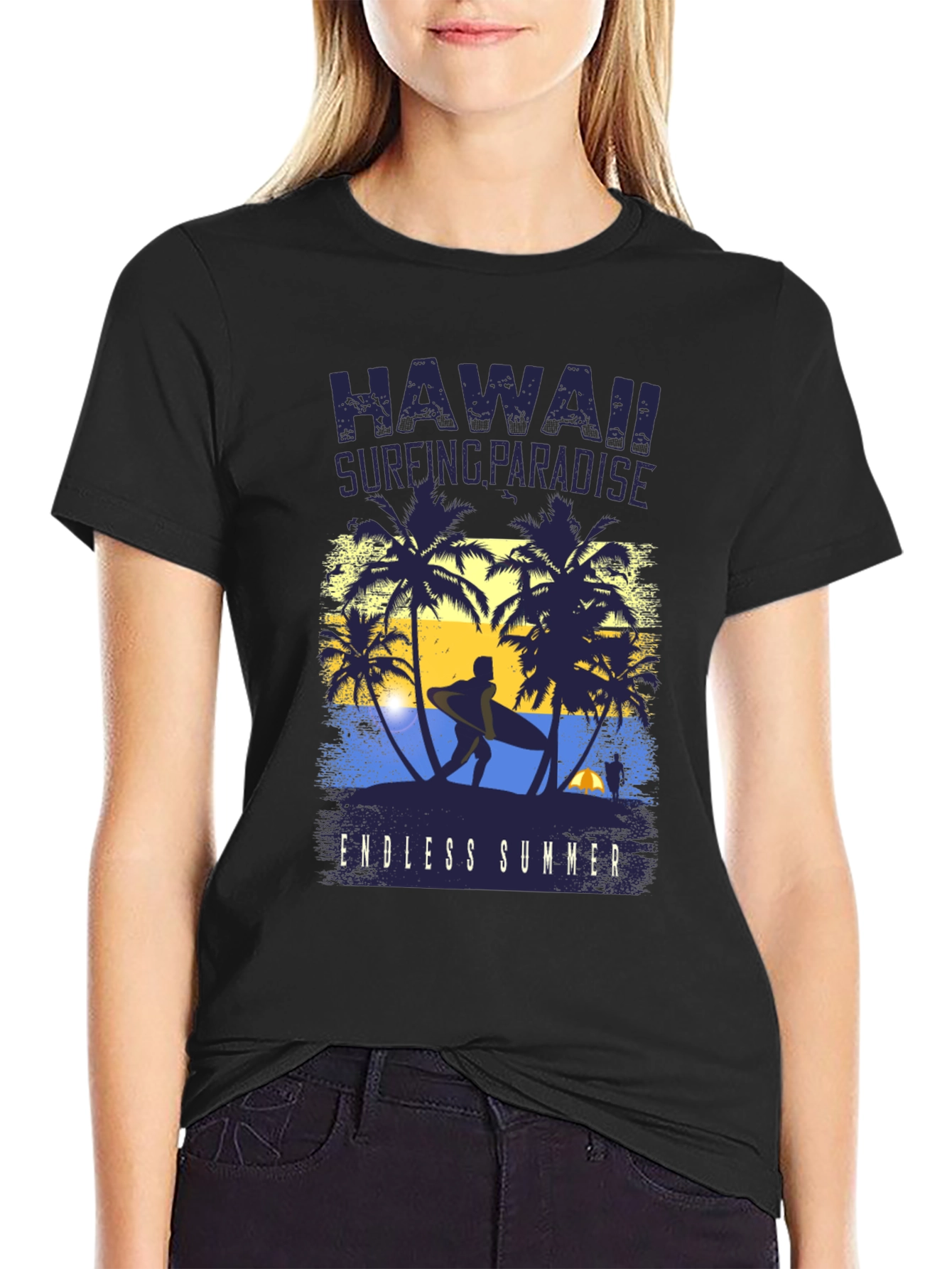 Hawaii Surfing Paradise Black Graphic Tee