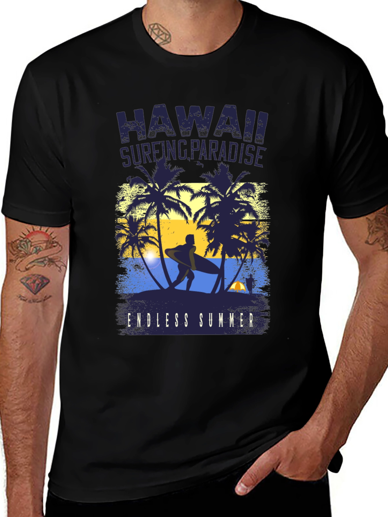 Hawaii Surfing Paradise Black Graphic Tee