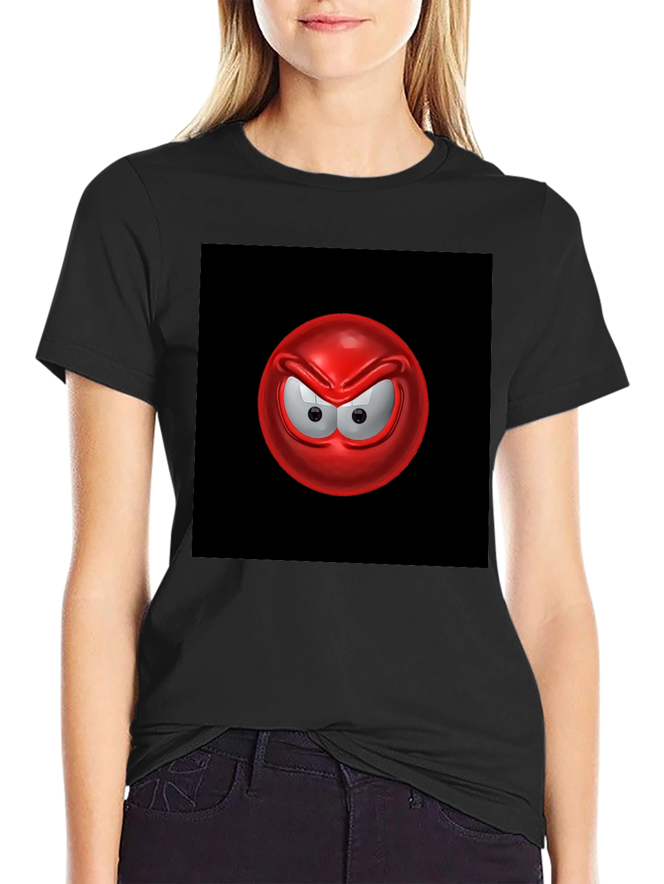 Angry Red Emoji Graphic Tee - Casual Black T-Shirt