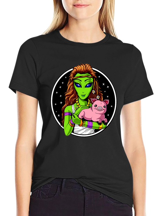 Alien Holding Pig T-Shirt - Unique Graphic Tee