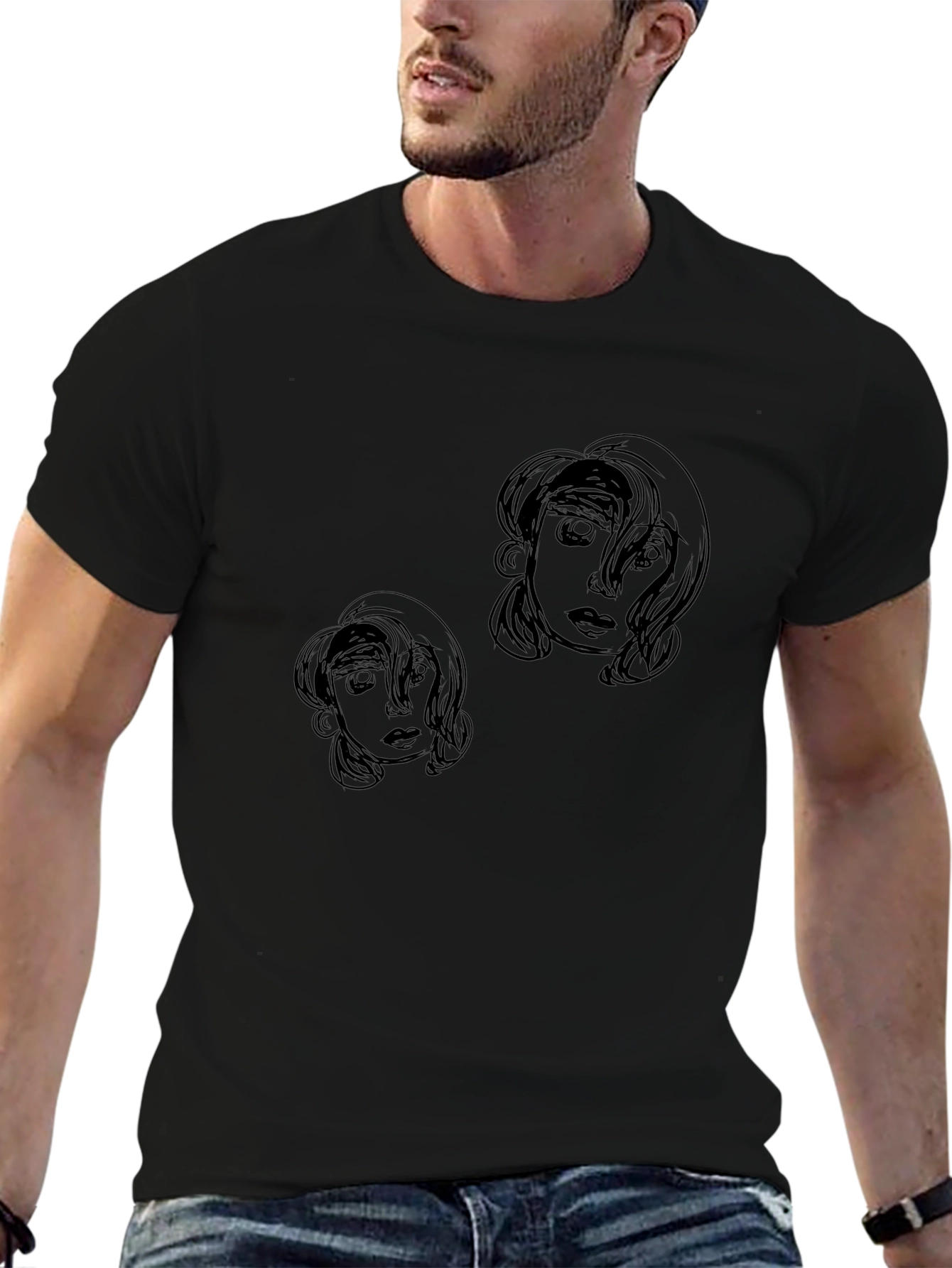 Abstract Face Graphic Print Black T-Shirt