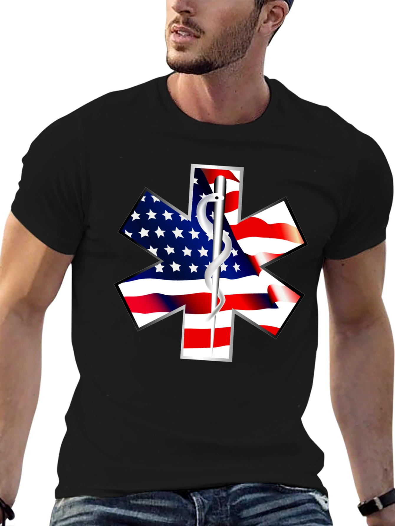 American Flag EMT Star Black T-Shirt