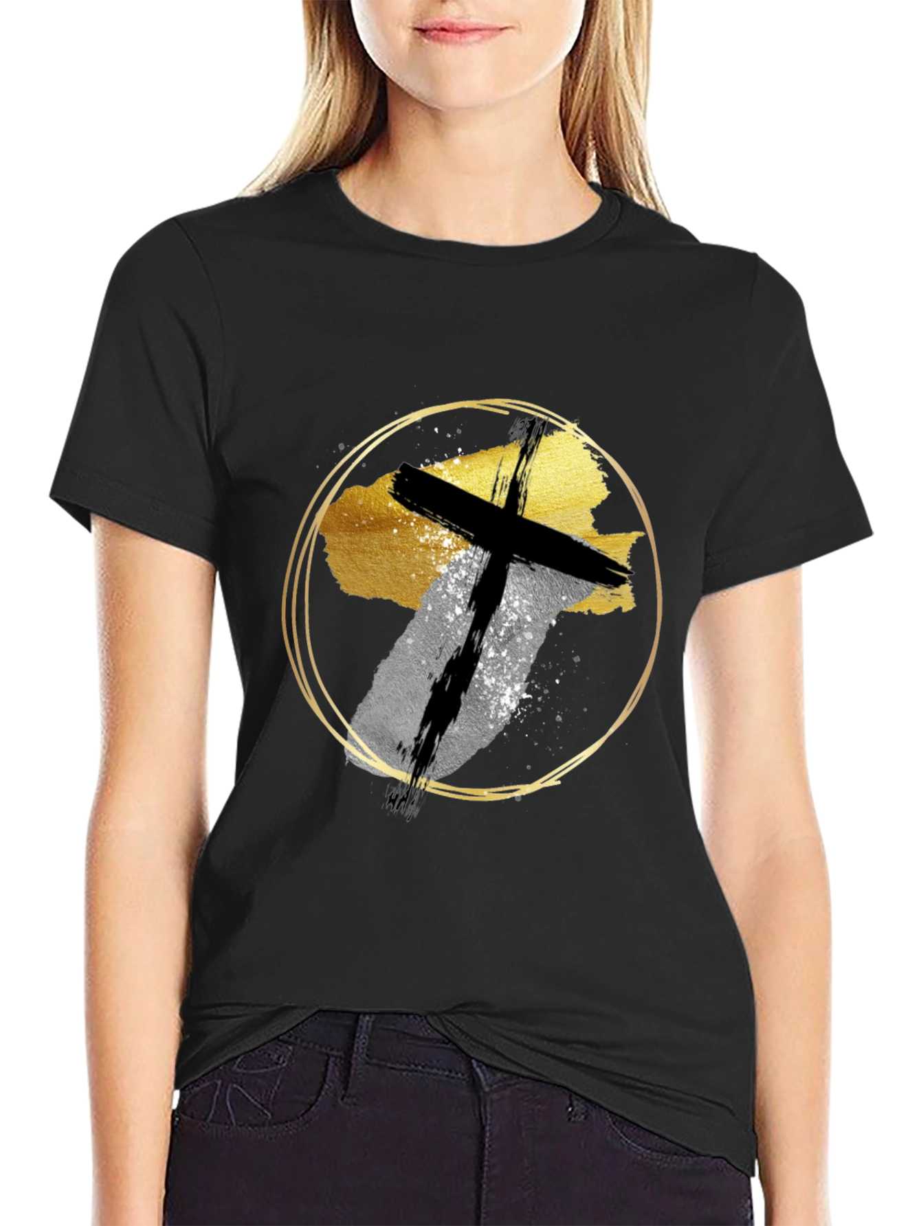 Abstract Cross Graphic Print Black T-Shirt