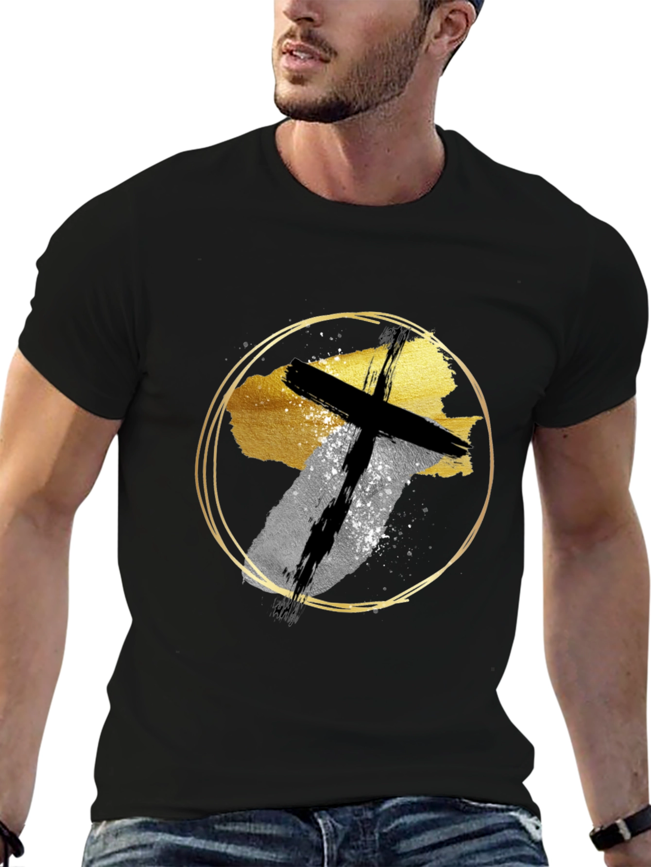 Abstract Cross Graphic Print Black T-Shirt
