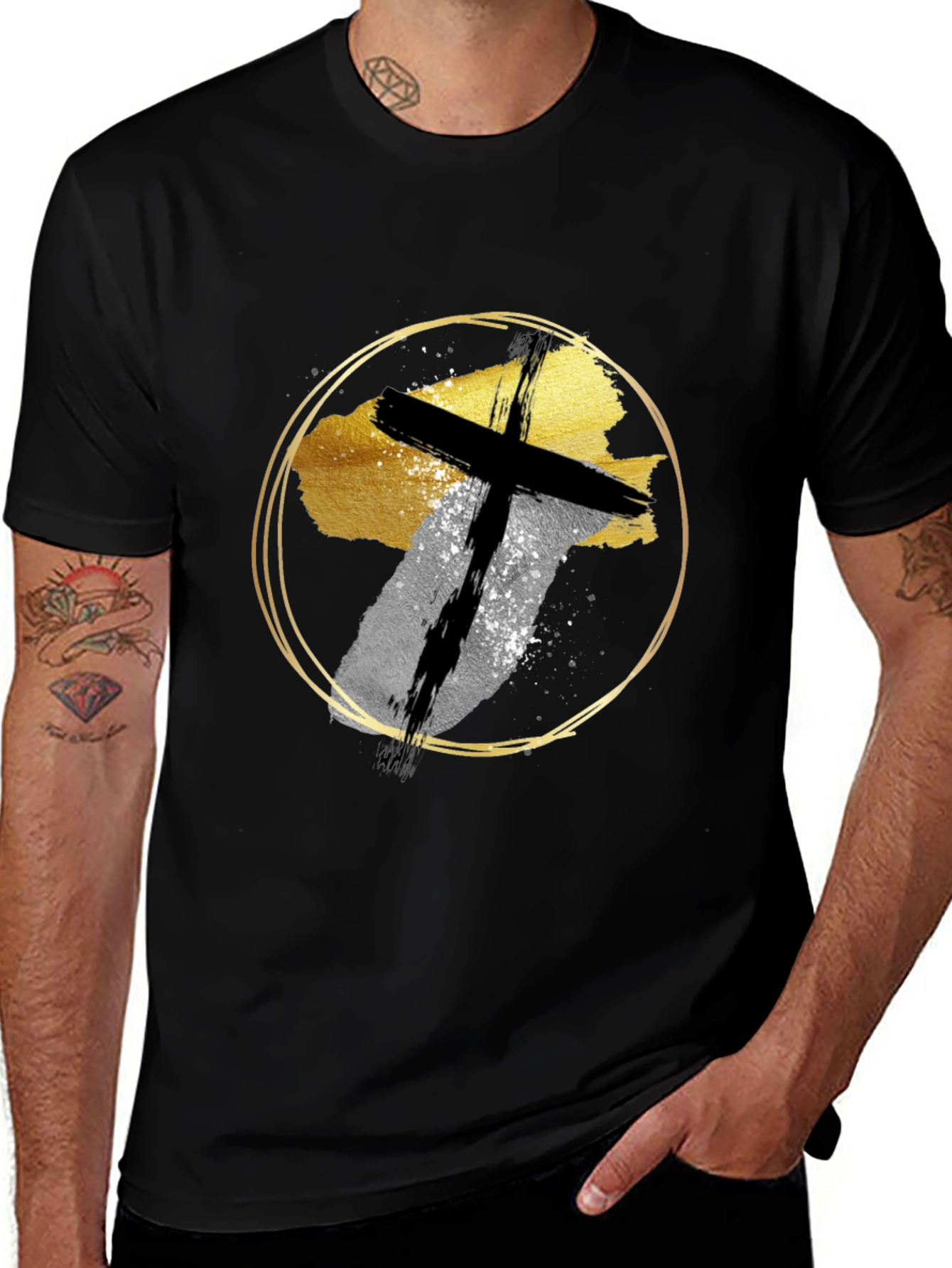 Abstract Cross Graphic Print Black T-Shirt