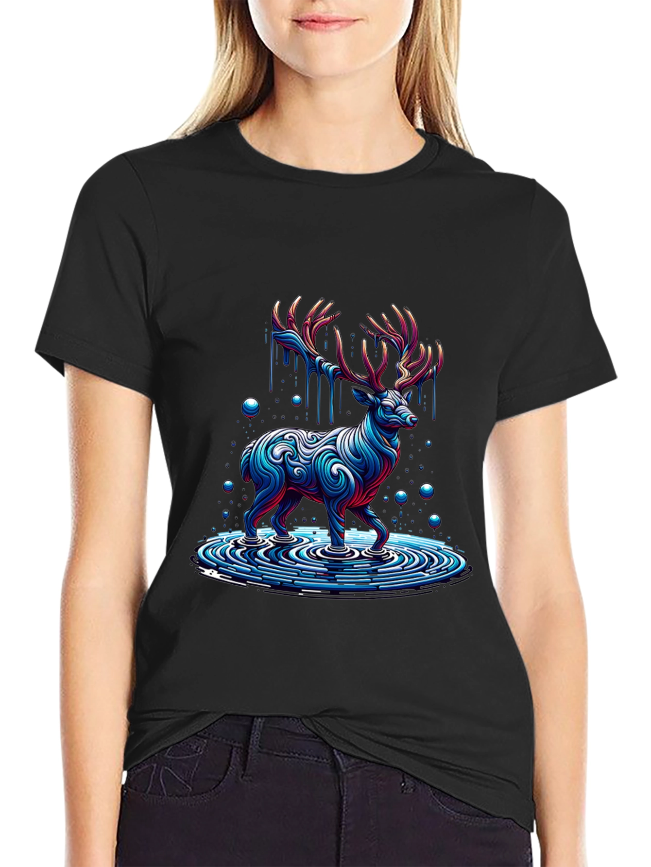 Abstract Deer Graphic Print Black T-Shirt