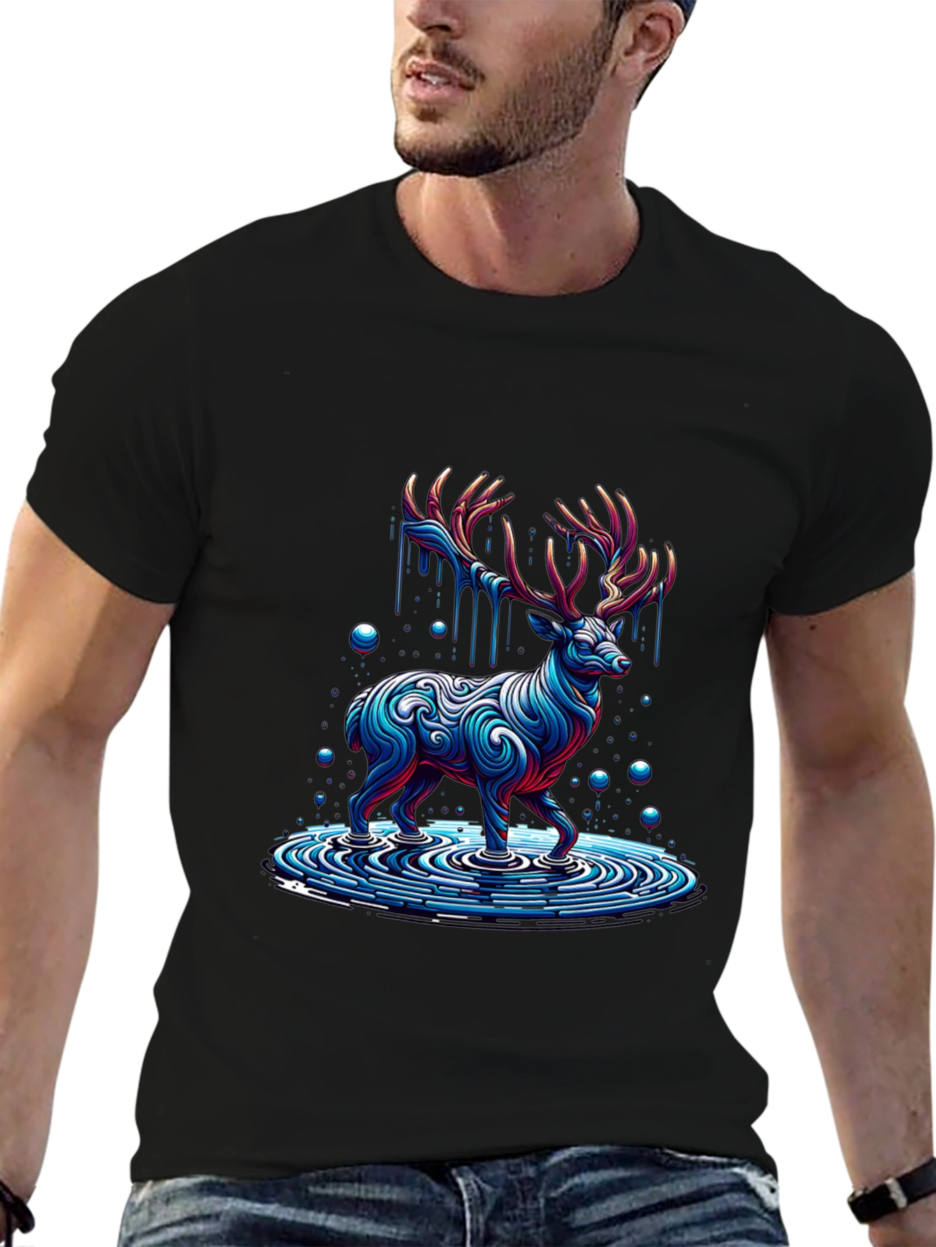Abstract Deer Graphic Print Black T-Shirt