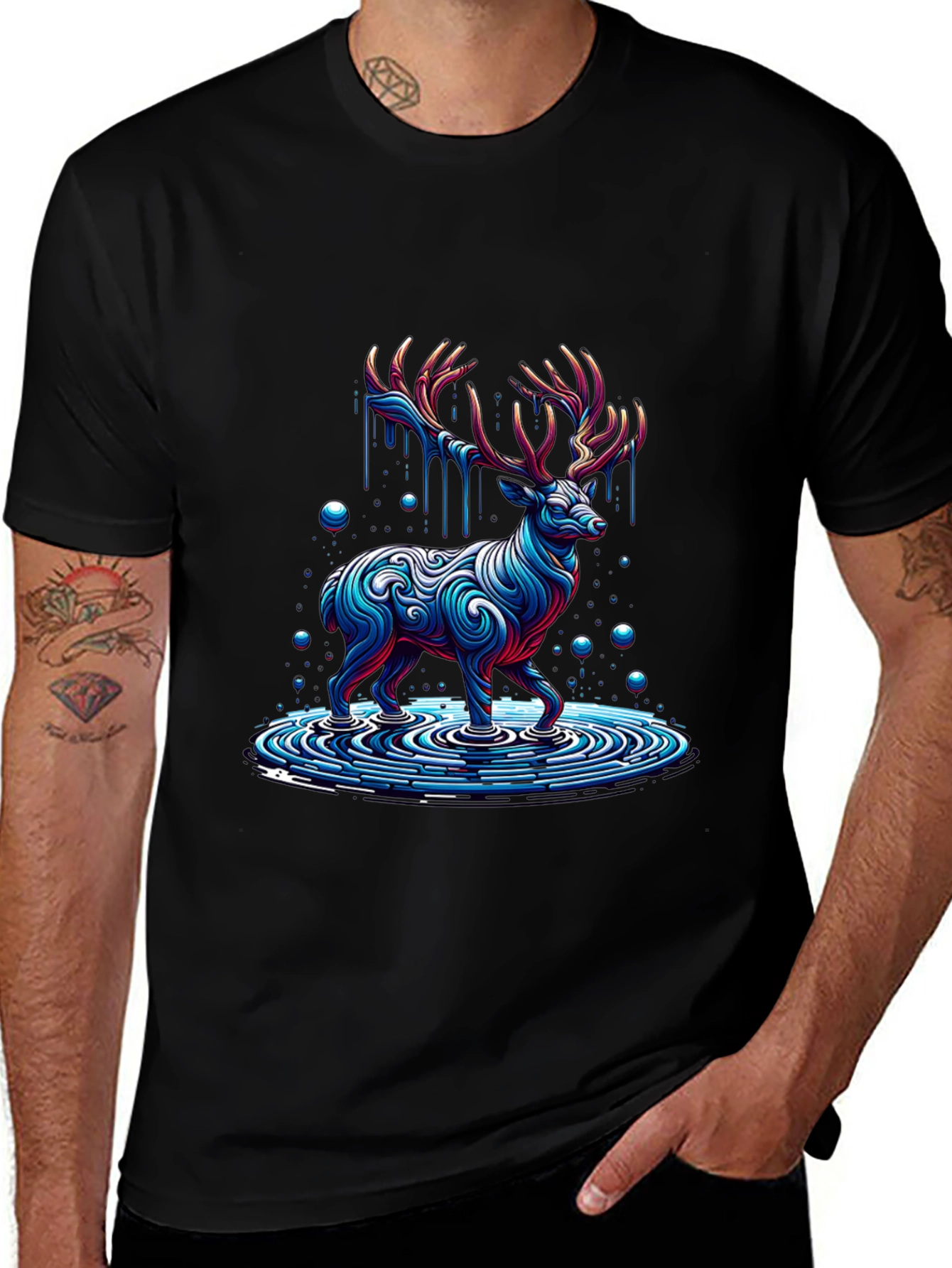 Abstract Deer Graphic Print Black T-Shirt