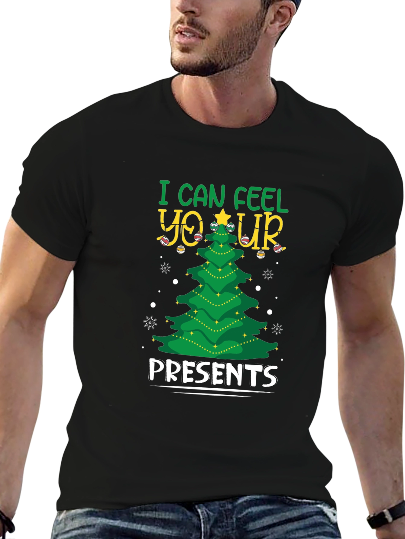 I Can Feel Your Presents Christmas Tree Black T-Shirt