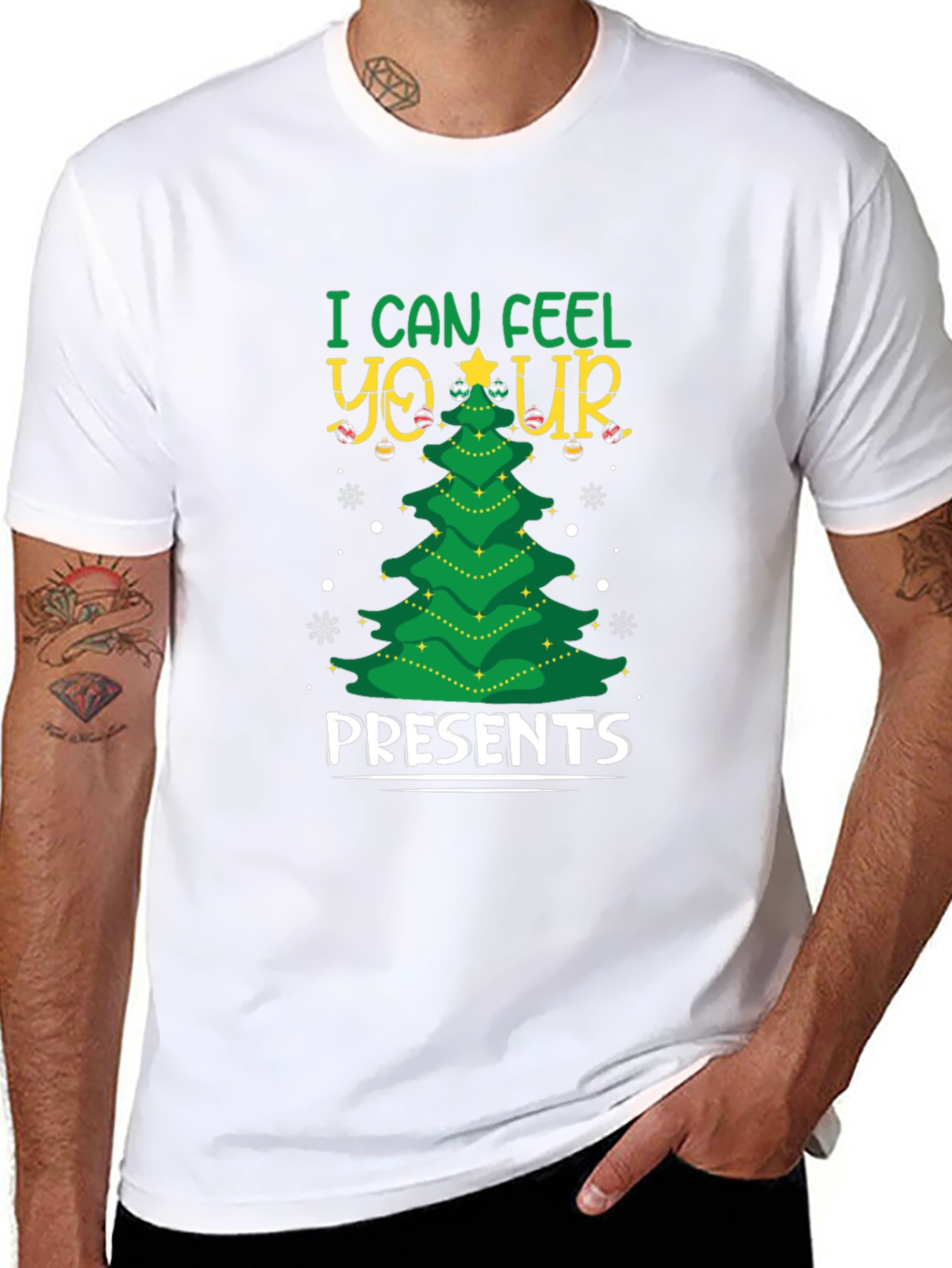 I Can Feel Your Presents Christmas Tree Black T-Shirt