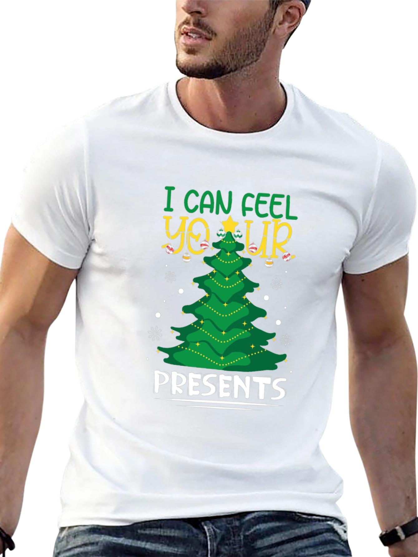 I Can Feel Your Presents Christmas Tree Black T-Shirt
