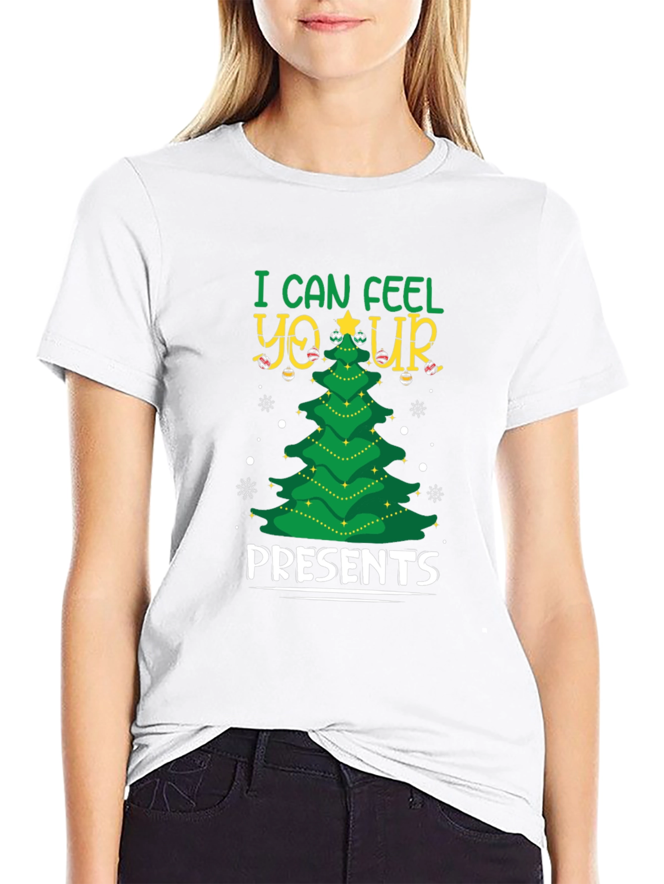 I Can Feel Your Presents Christmas Tree Black T-Shirt