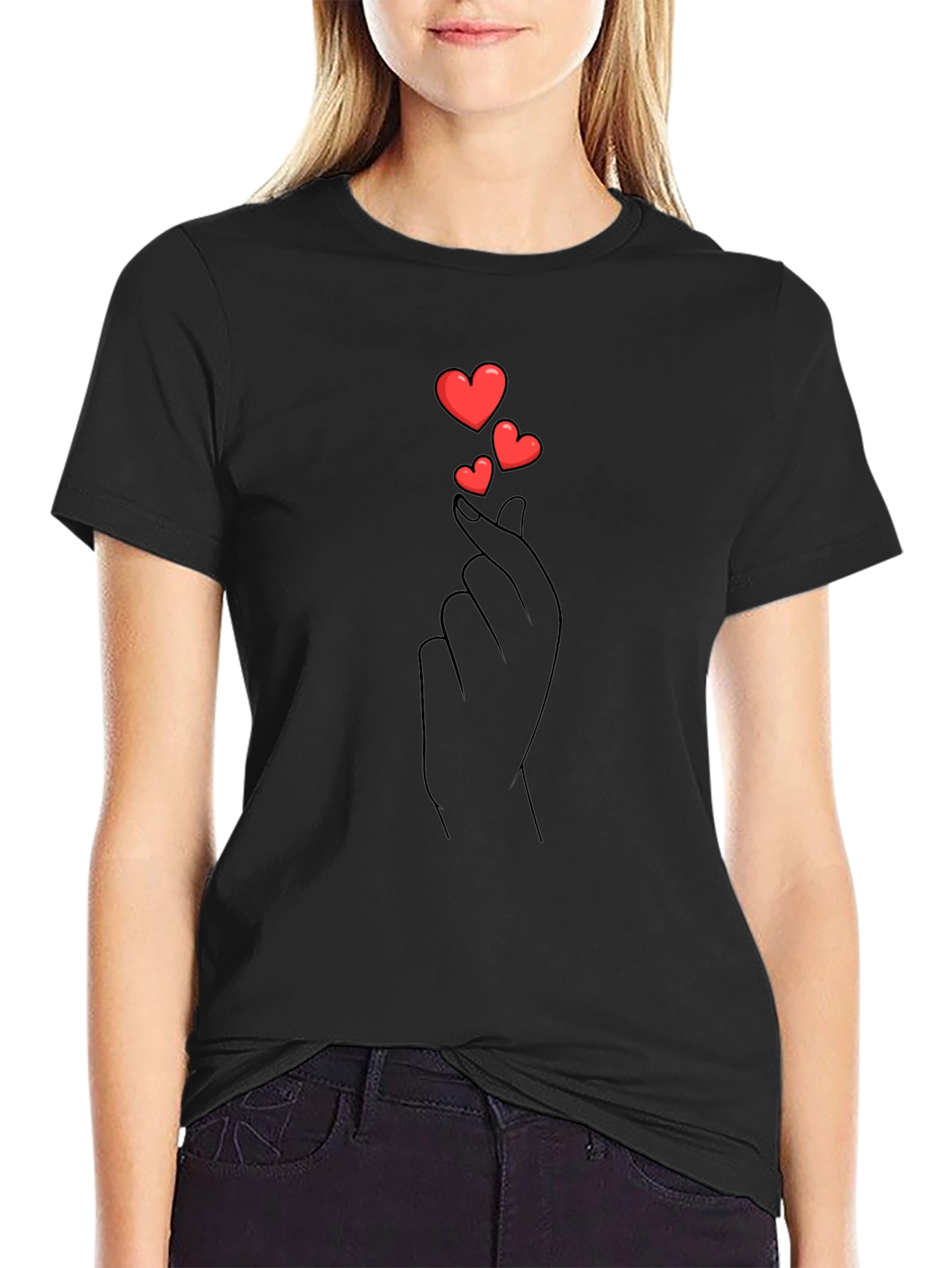 Heart Finger Love Gesture Graphic Black Tee