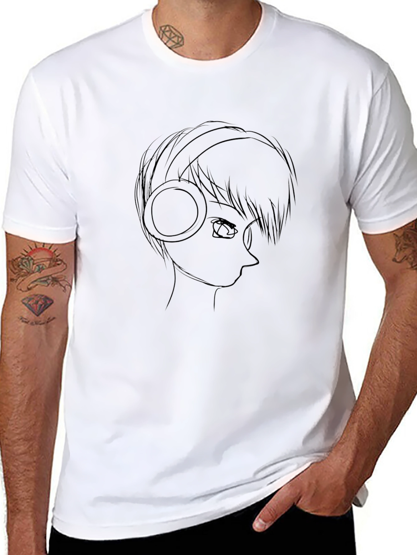 Anime Headphones Graphic Tee - Mens Black T-Shirt