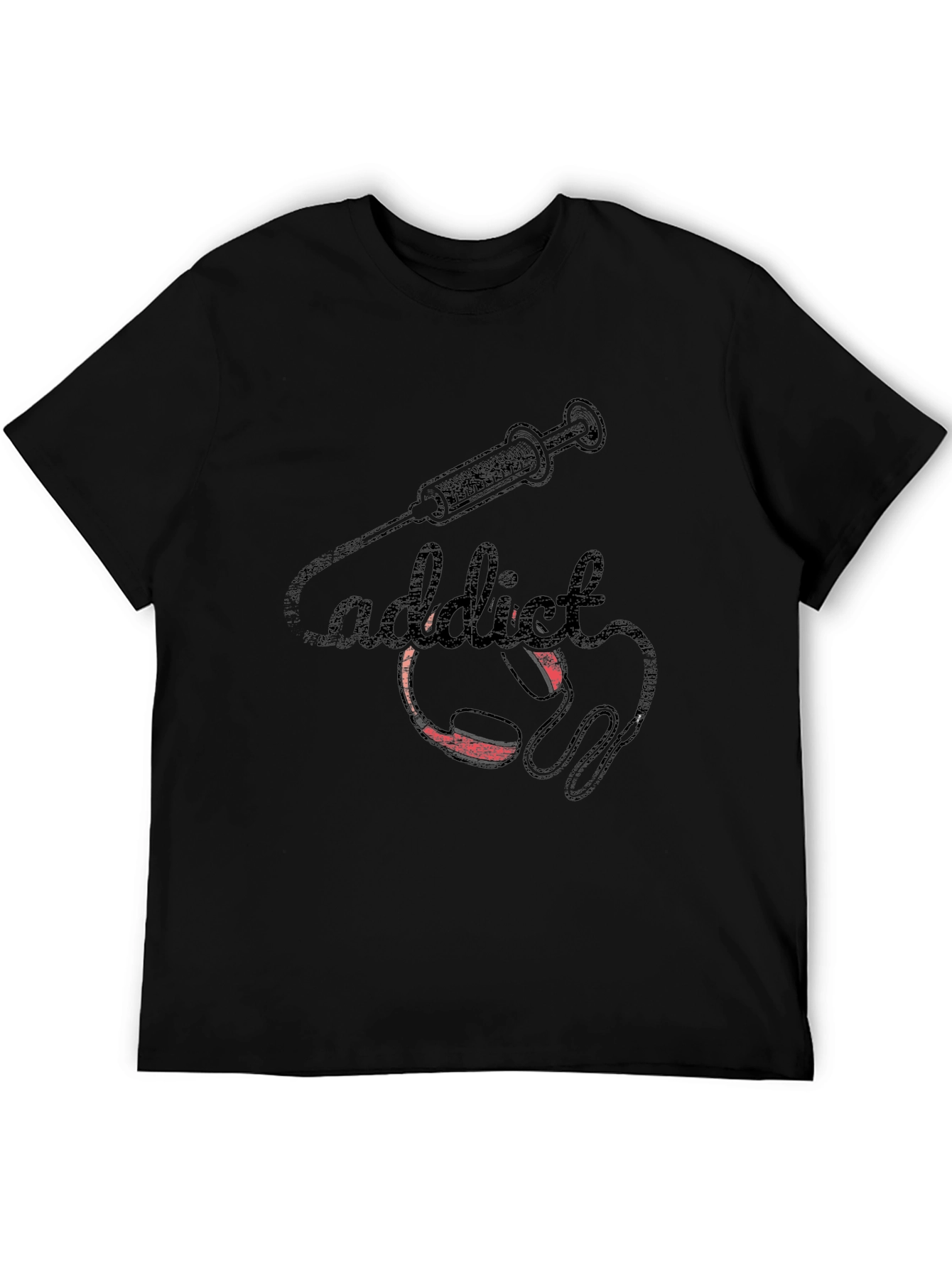 Addict Black T-Shirt with Syringe and Headphone Graphic