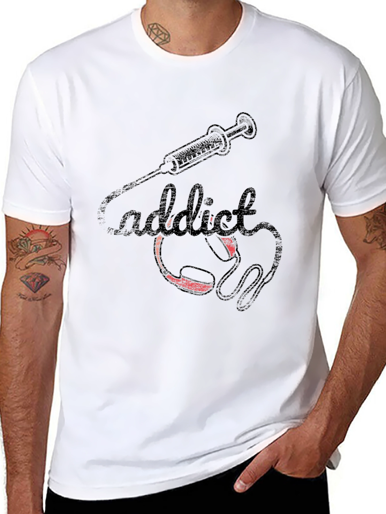 Addict Black T-Shirt with Syringe and Headphone Graphic
