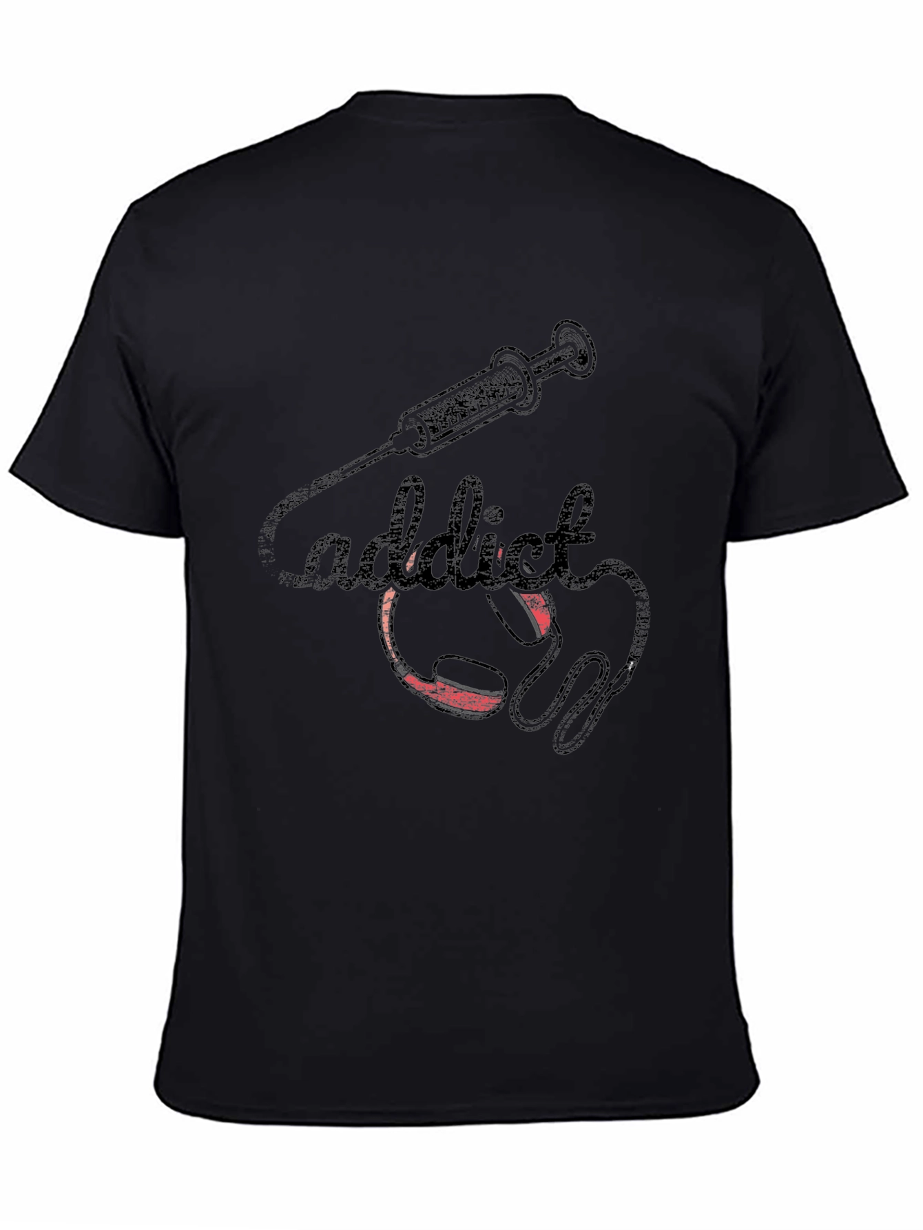Addict Black T-Shirt with Syringe and Headphone Graphic
