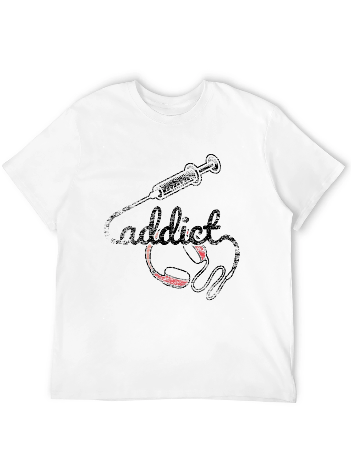 Addict Black T-Shirt with Syringe and Headphone Graphic