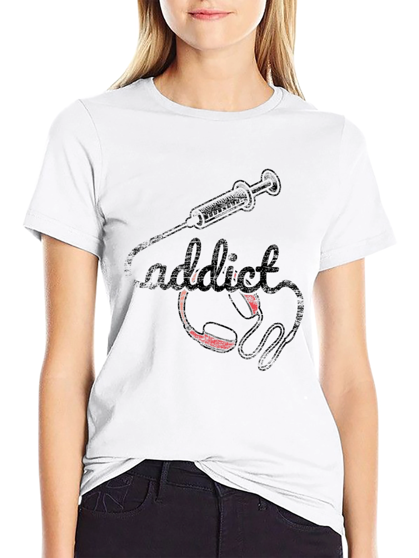 Addict Black T-Shirt with Syringe and Headphone Graphic