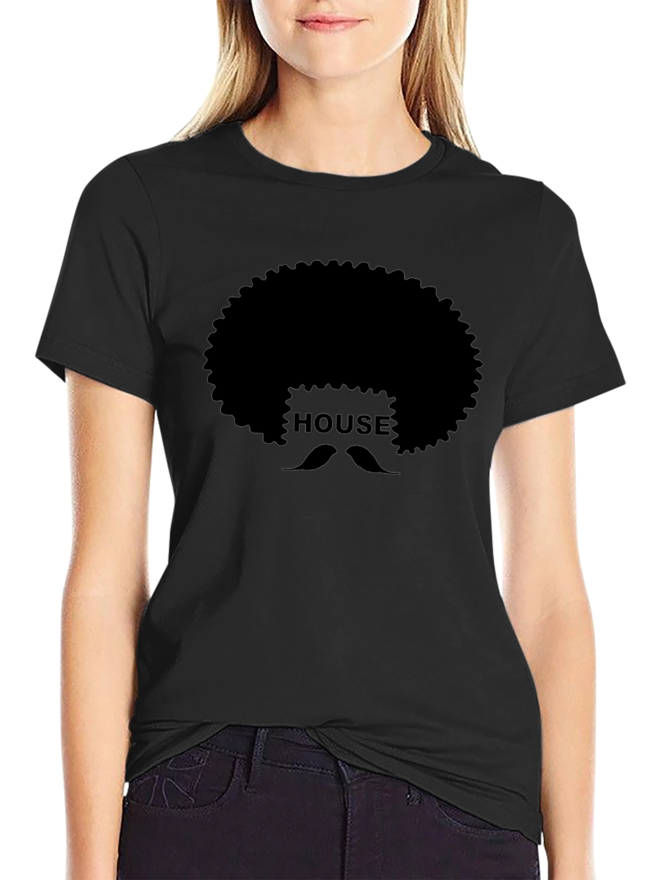 House Afro Mustache Graphic Tee - Black Cotton T-Shirt