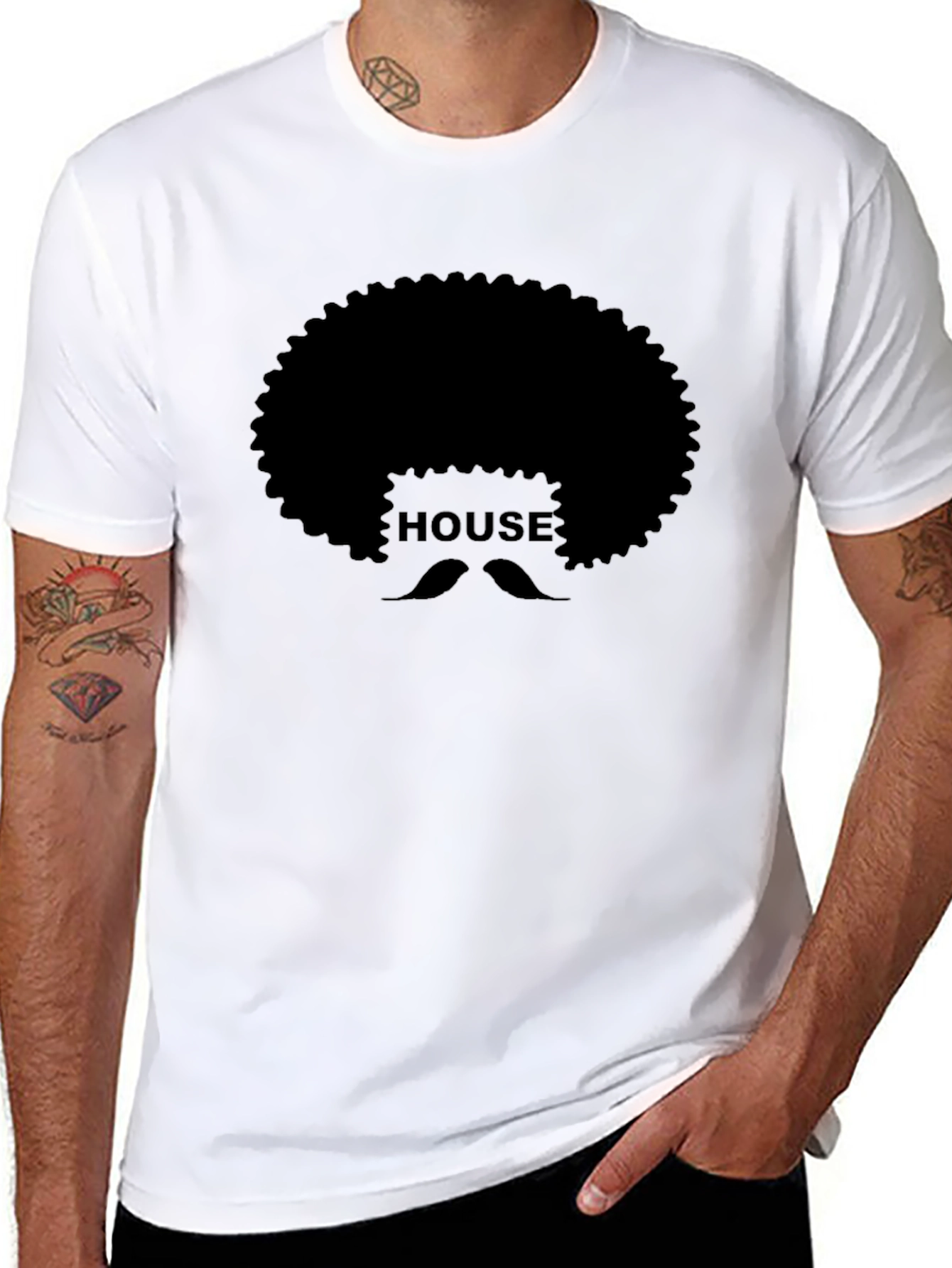House Afro Mustache Graphic Tee - Black Cotton T-Shirt