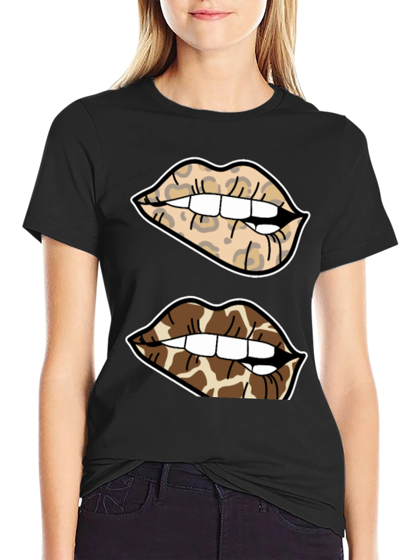Animal Print Lips Black T-Shirt