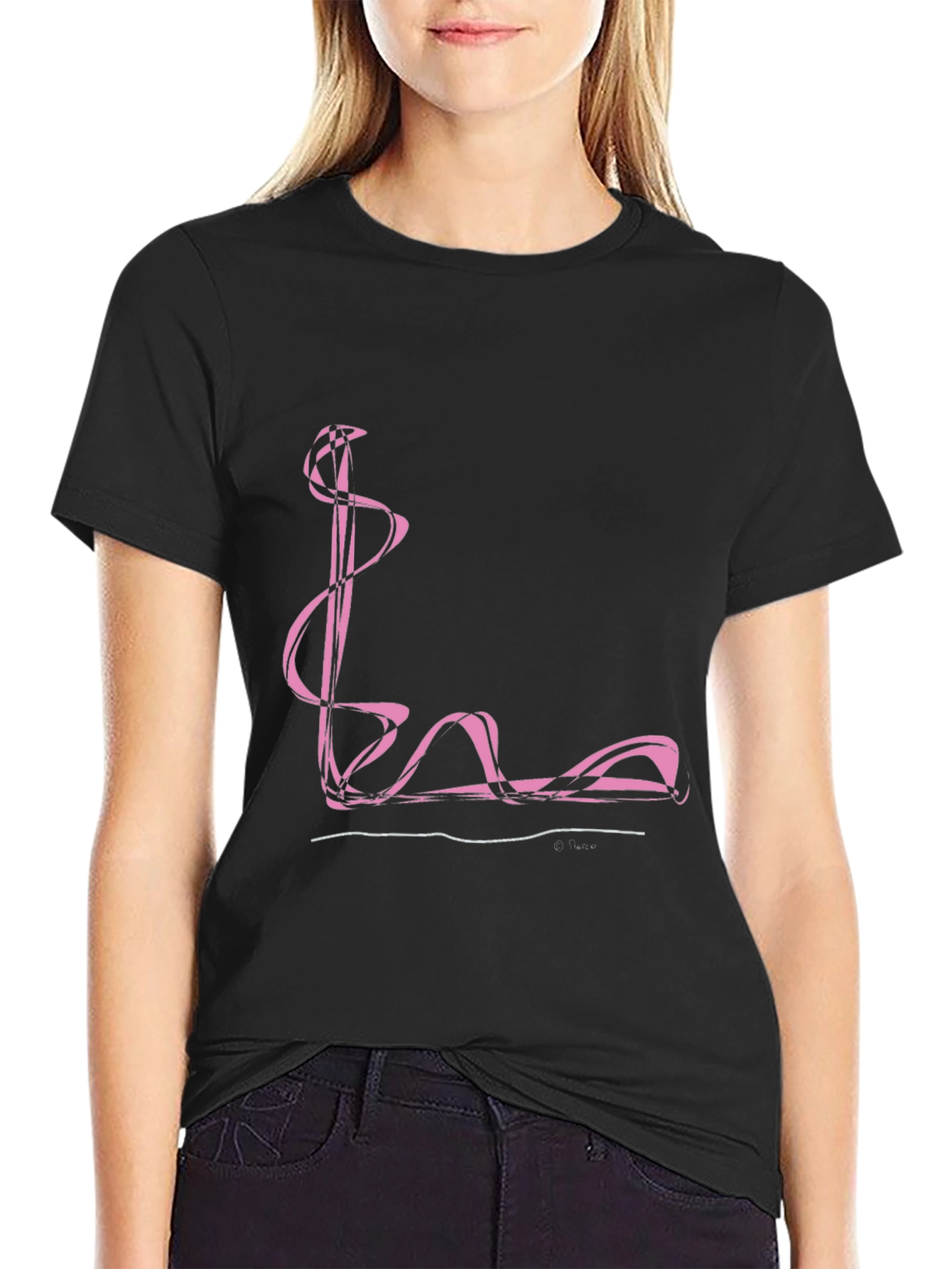 Abstract Pink Swirl Graphic Black T-Shirt
