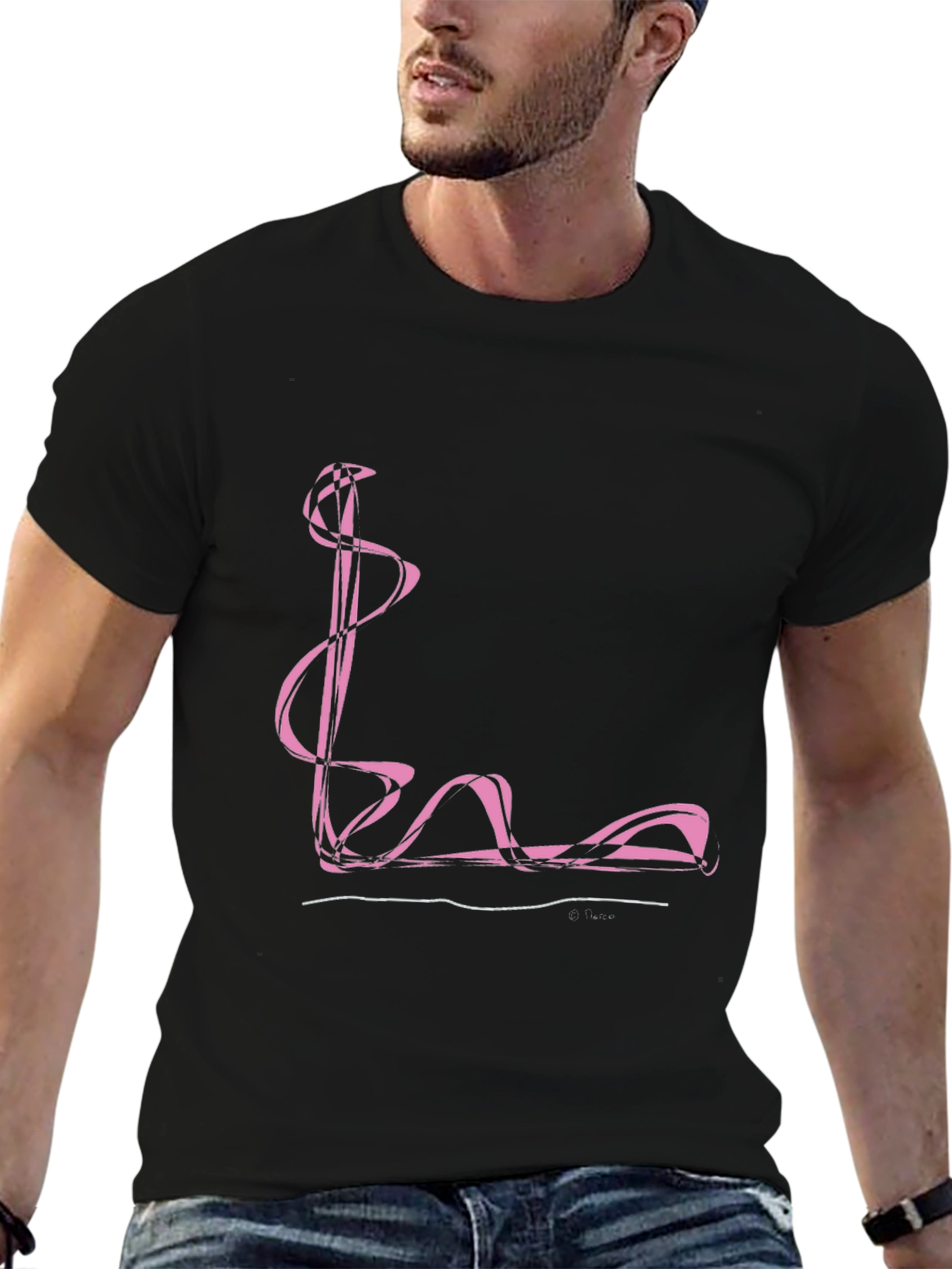 Abstract Pink Swirl Graphic Black T-Shirt