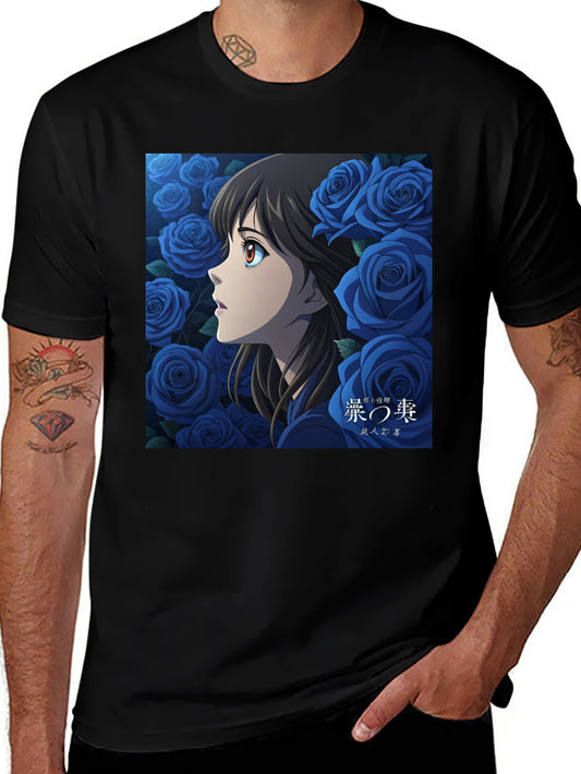 Anime Girl and Roses Graphic Black T-Shirt