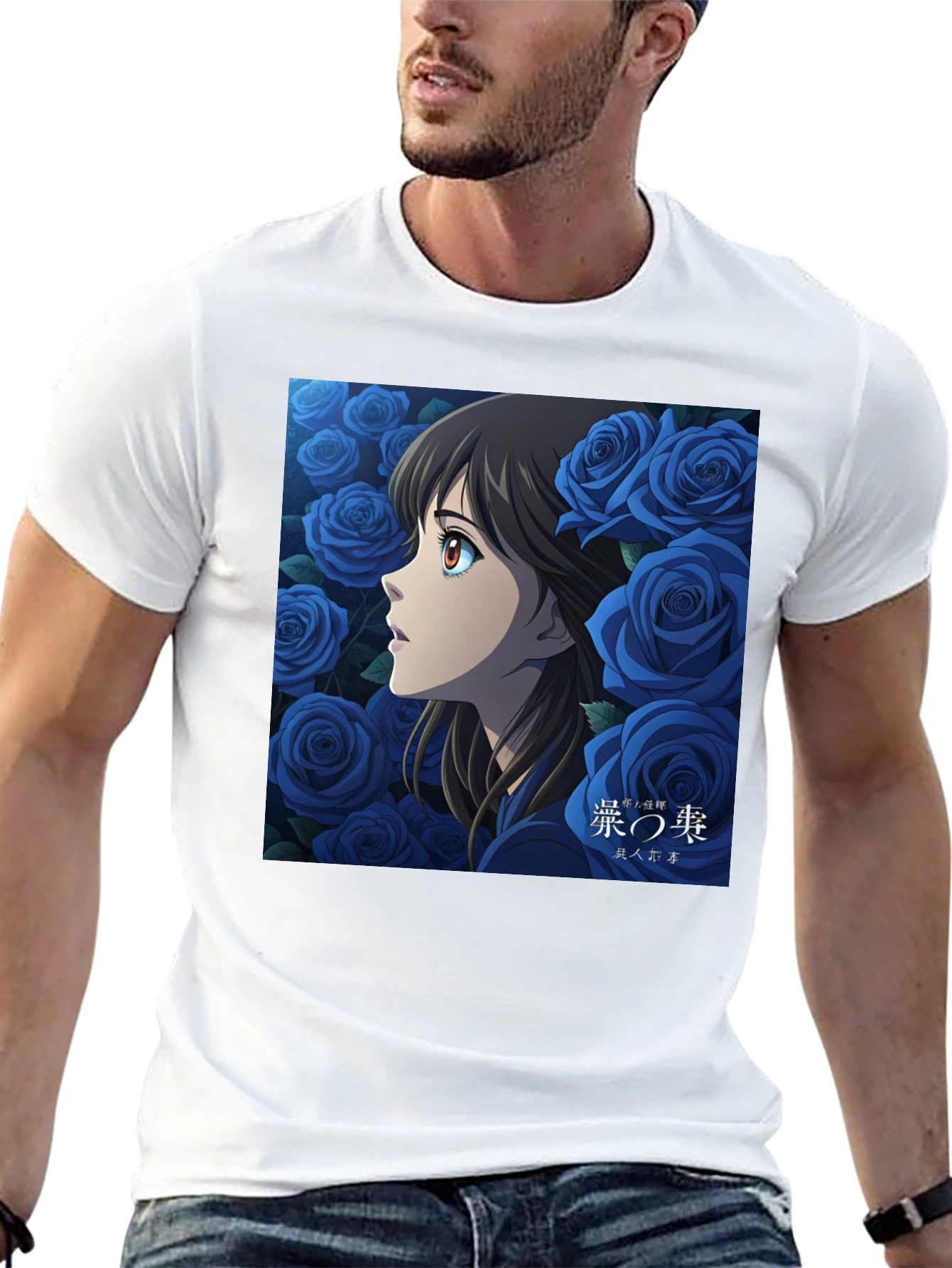 Anime Girl and Roses Graphic Black T-Shirt