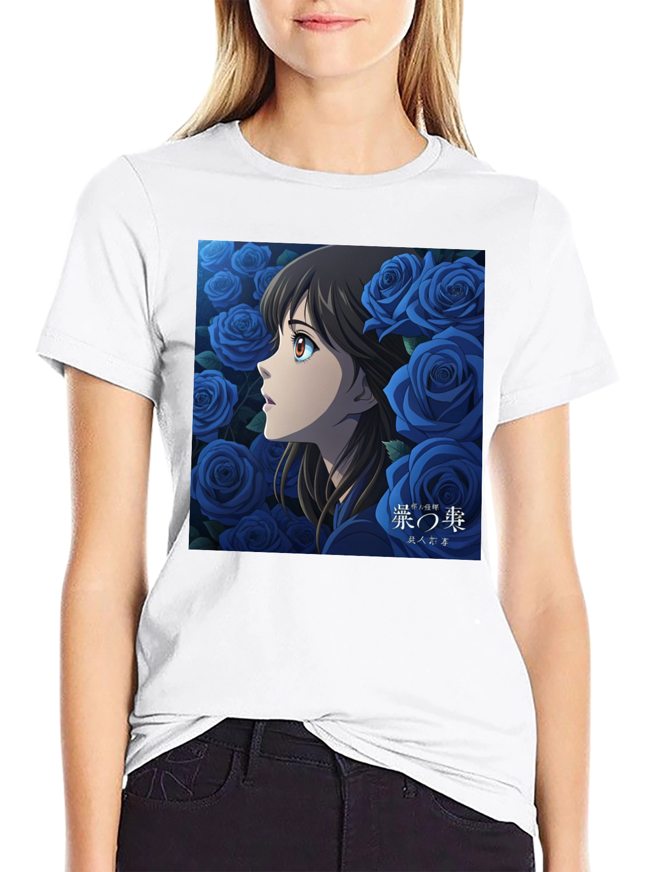 Anime Girl and Roses Graphic Black T-Shirt