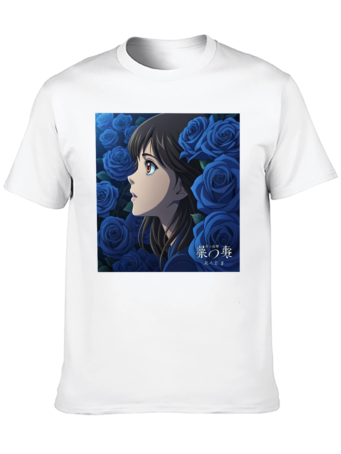 Anime Girl and Roses Graphic Black T-Shirt