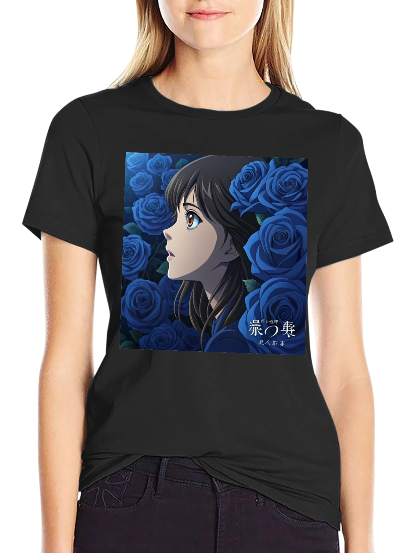 Anime Girl and Roses Graphic Black T-Shirt